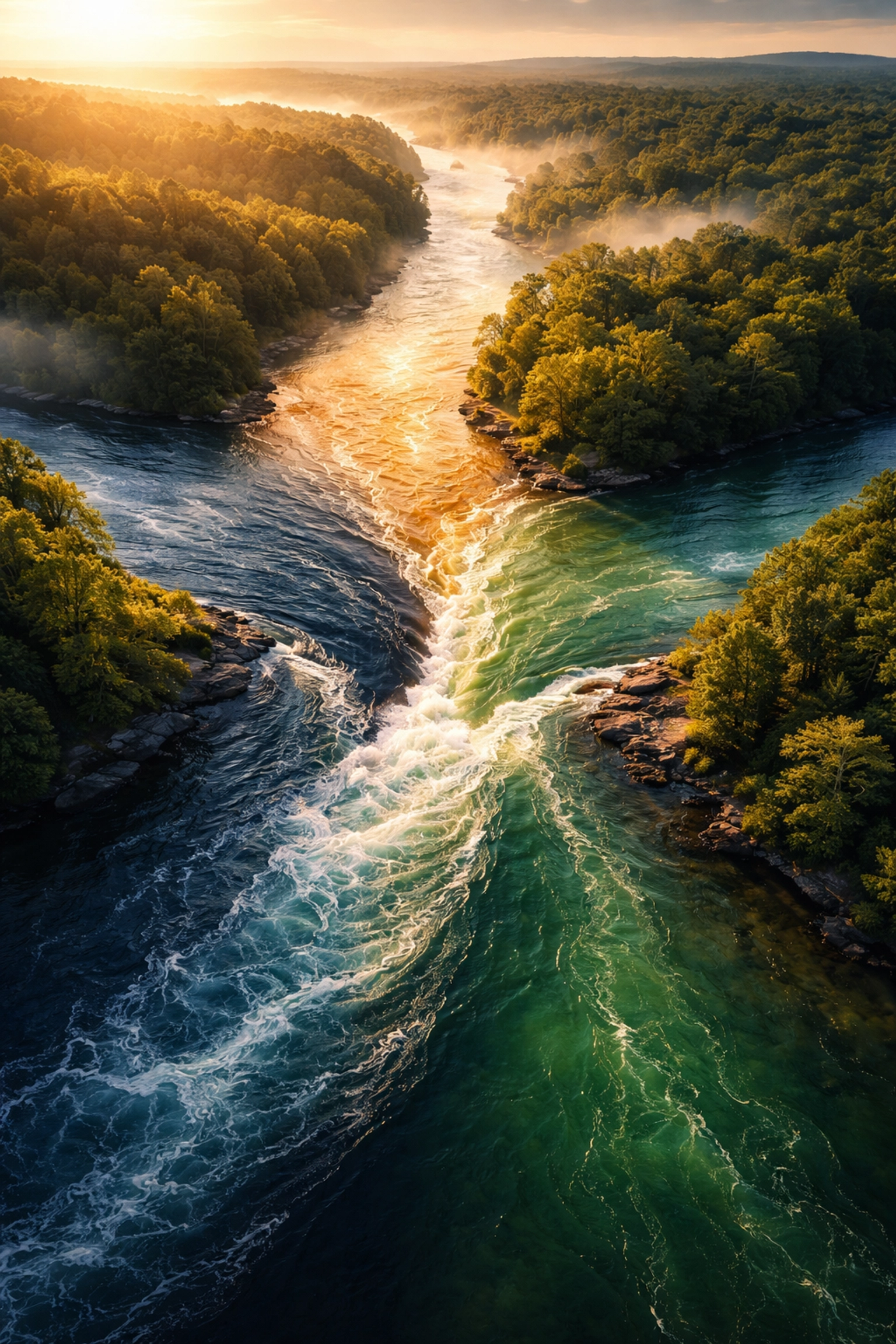 Aerial view of three colored rivers merging, symbolizing the 40/30/30 diversified portfolio approach