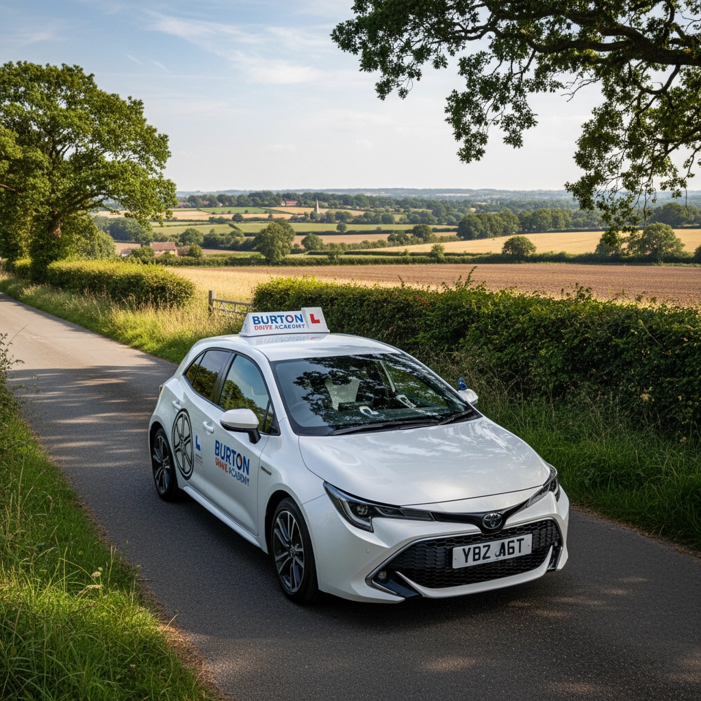 White driving school car on a rural road, "BURTON DRIVE ACADEMY" on its sign. Green fields and trees in the background under a clear sky.