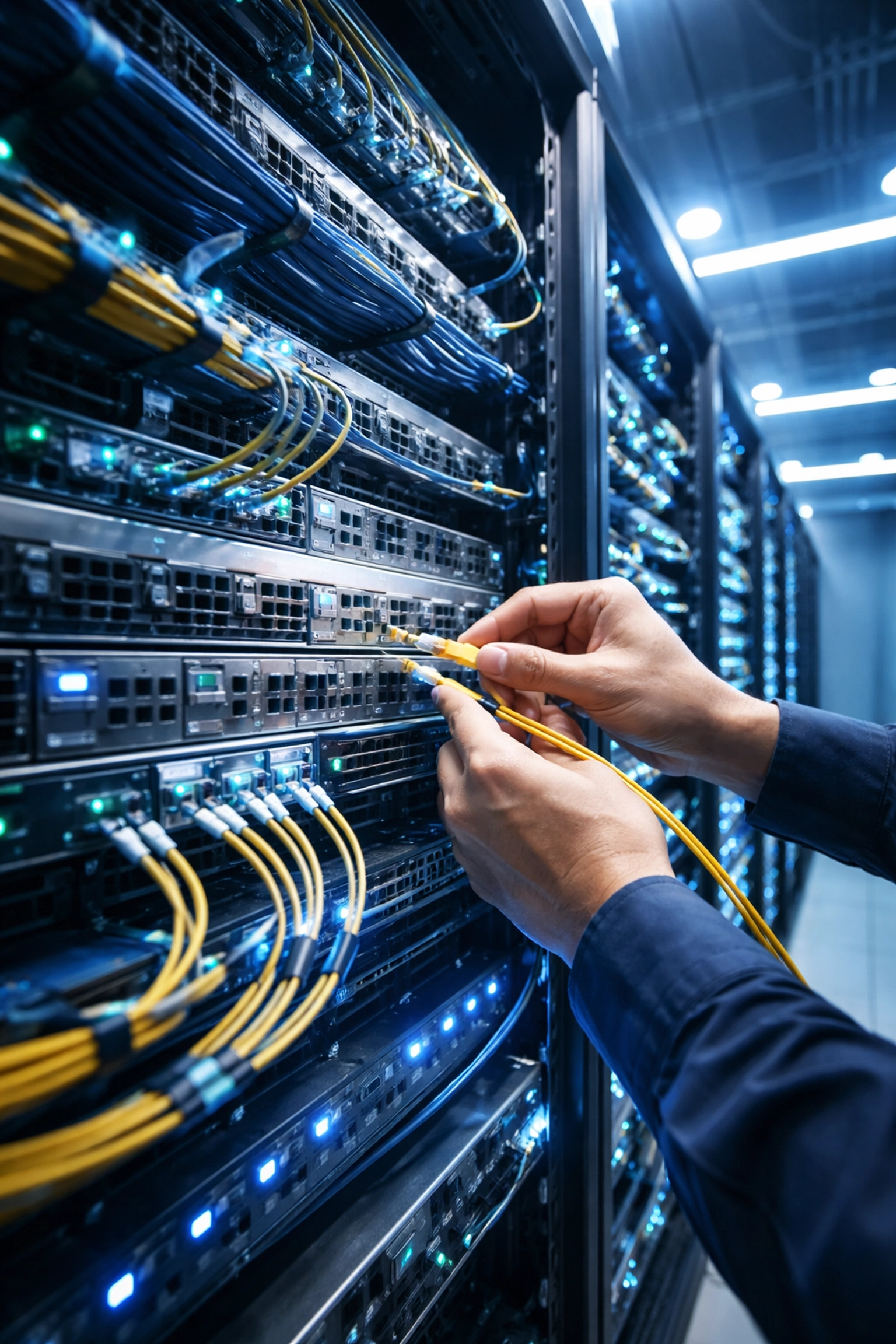 Technician connecting cables in a server room, preparing an SMB network for AI tool integration