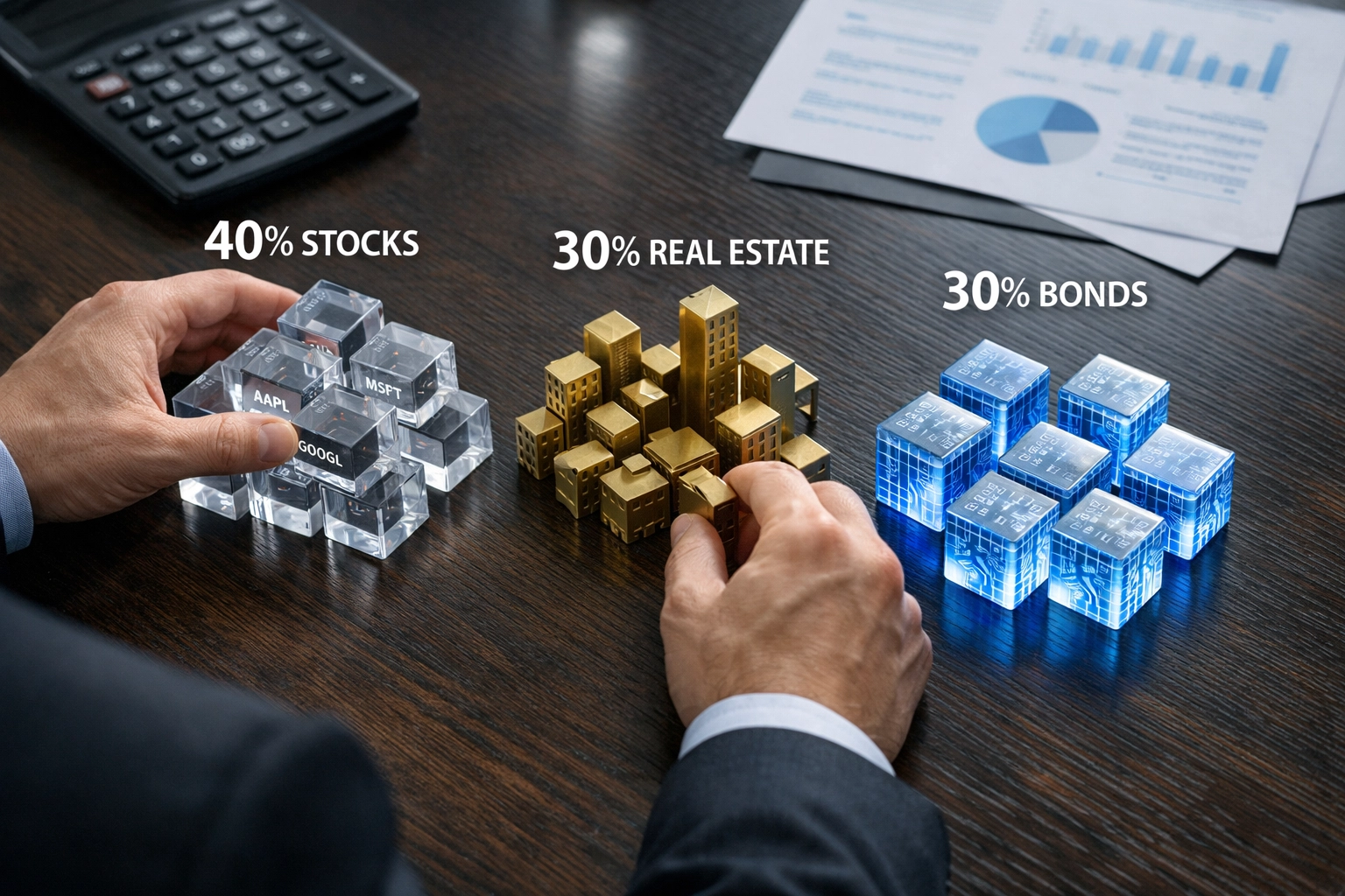 Investor arranging 40/30/30 portfolio allocation blocks for accredited investors