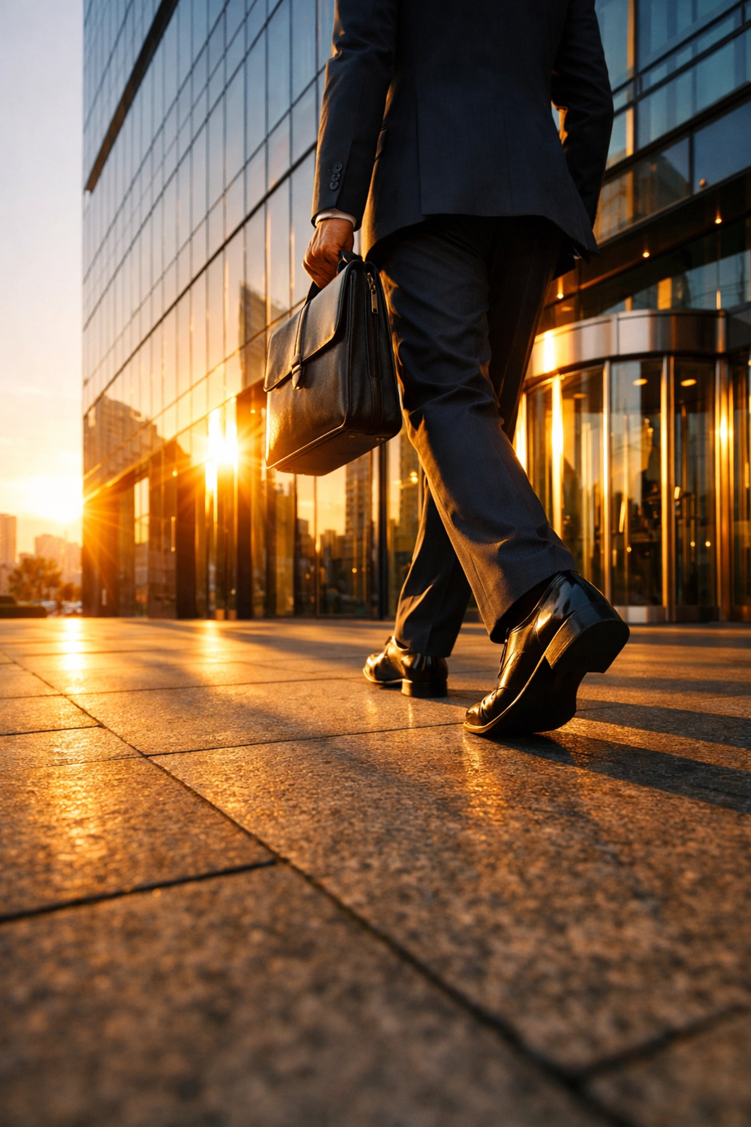 Emprendedor caminando hacia su oficina con confianza para iniciar una semana productiva.