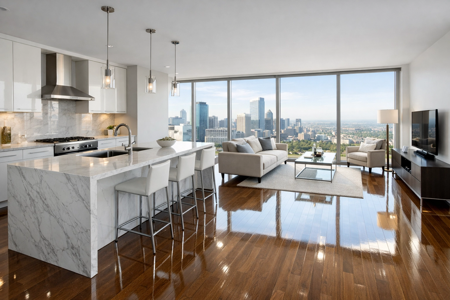 Spotless luxury apartment interior with Chicago skyline views, prepared by vetted move-out cleaning professionals.