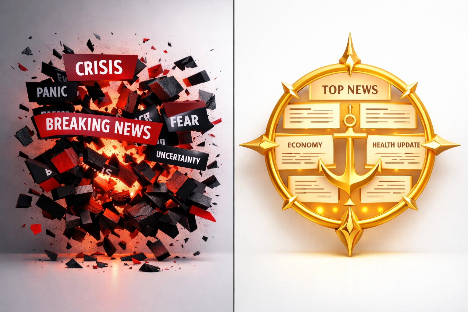 Contrasting news layouts showing chaos versus organized Jesus-centered framework