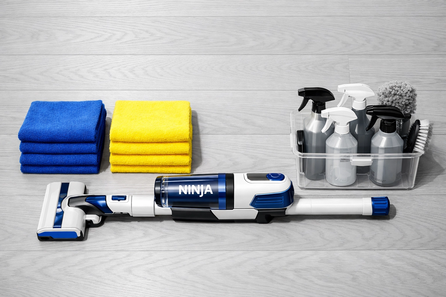 Organized professional house cleaning tools, including a vacuum and microfiber towels, on a Lowell wood floor.