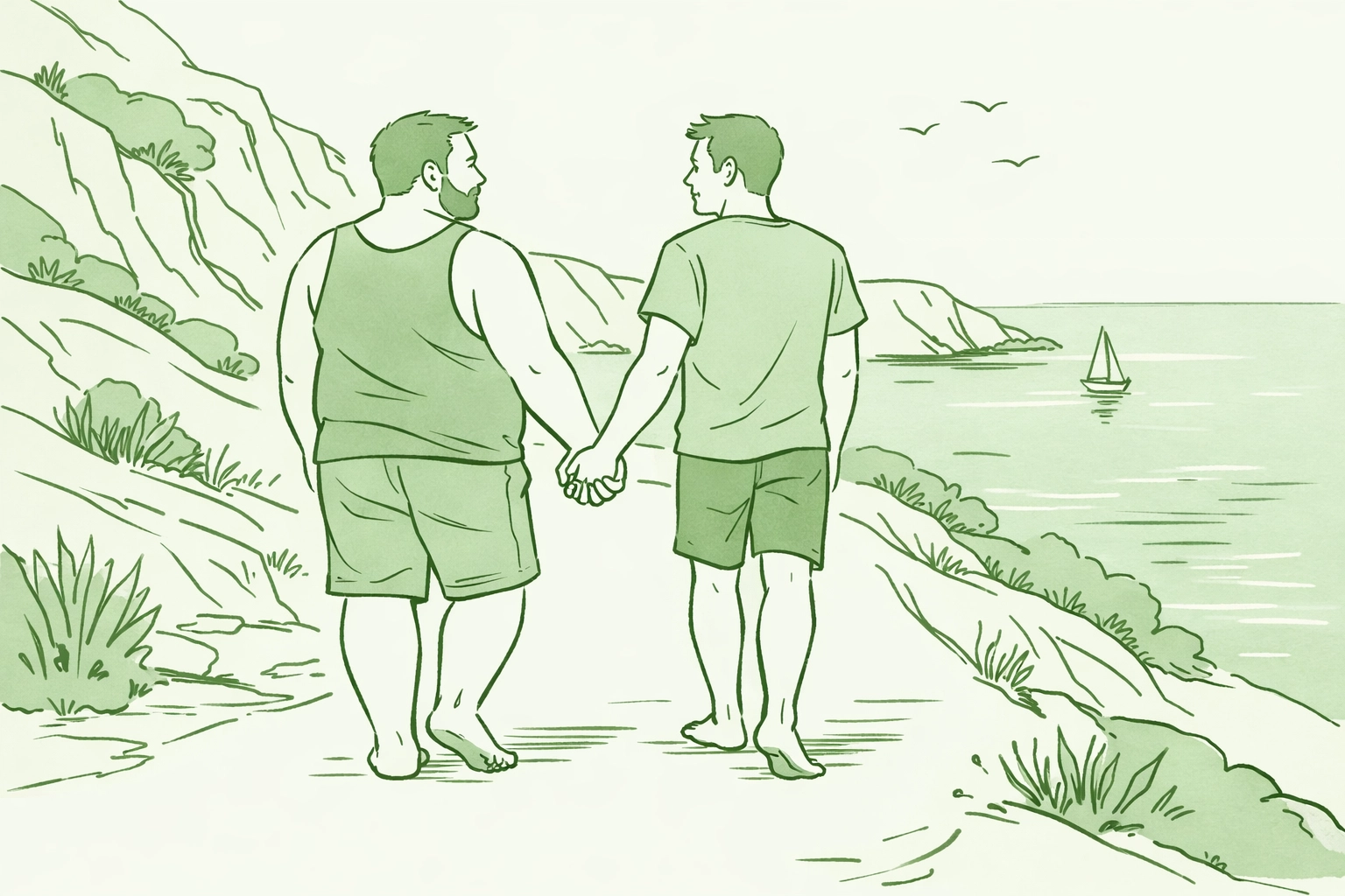 Two men holding hands on Mediterranean coastal path - gay romance with body positivity themes