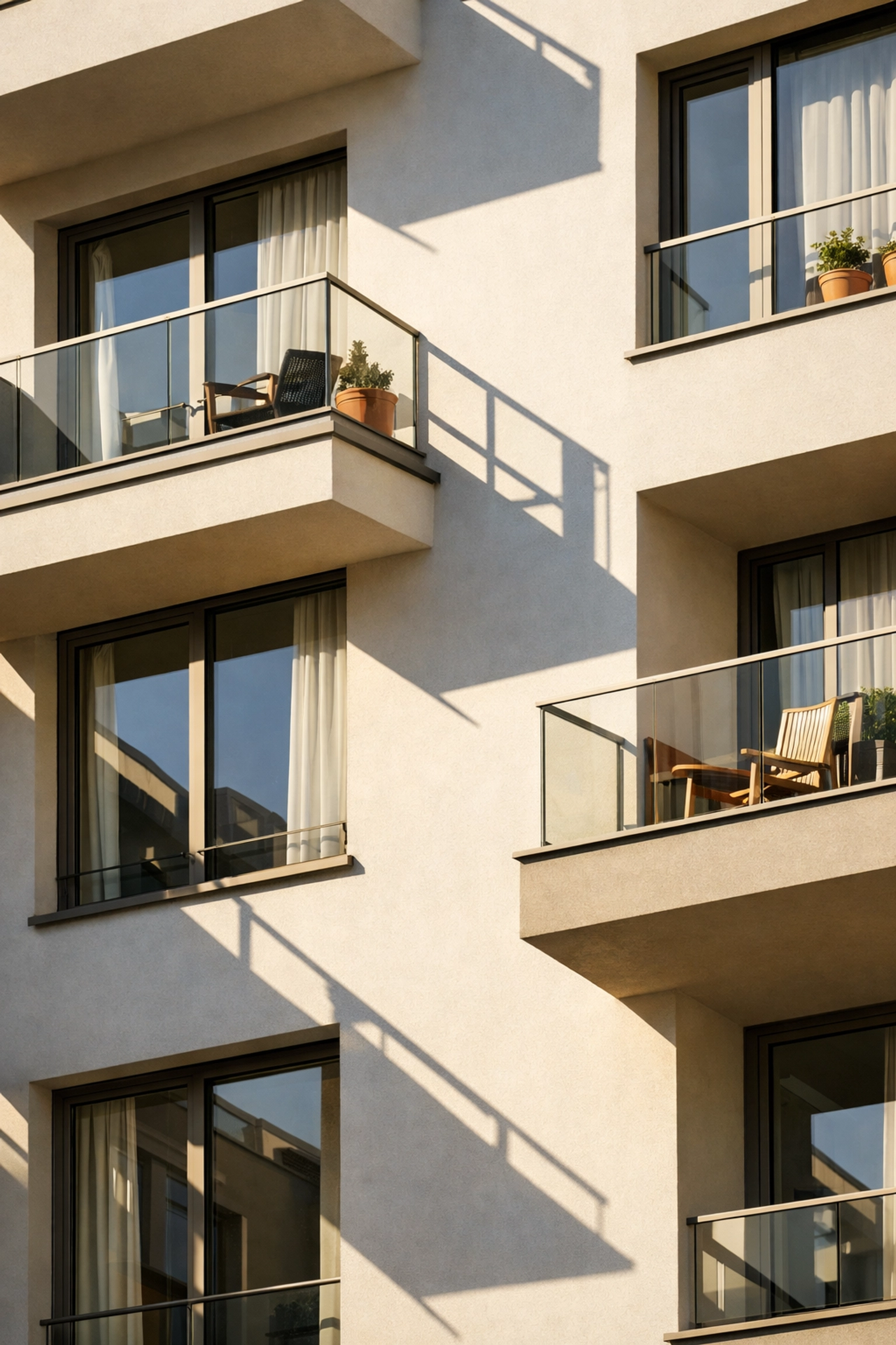 Wiener Hausfassade mit intensiver Sonneneinstrahlung auf Südbalkonen