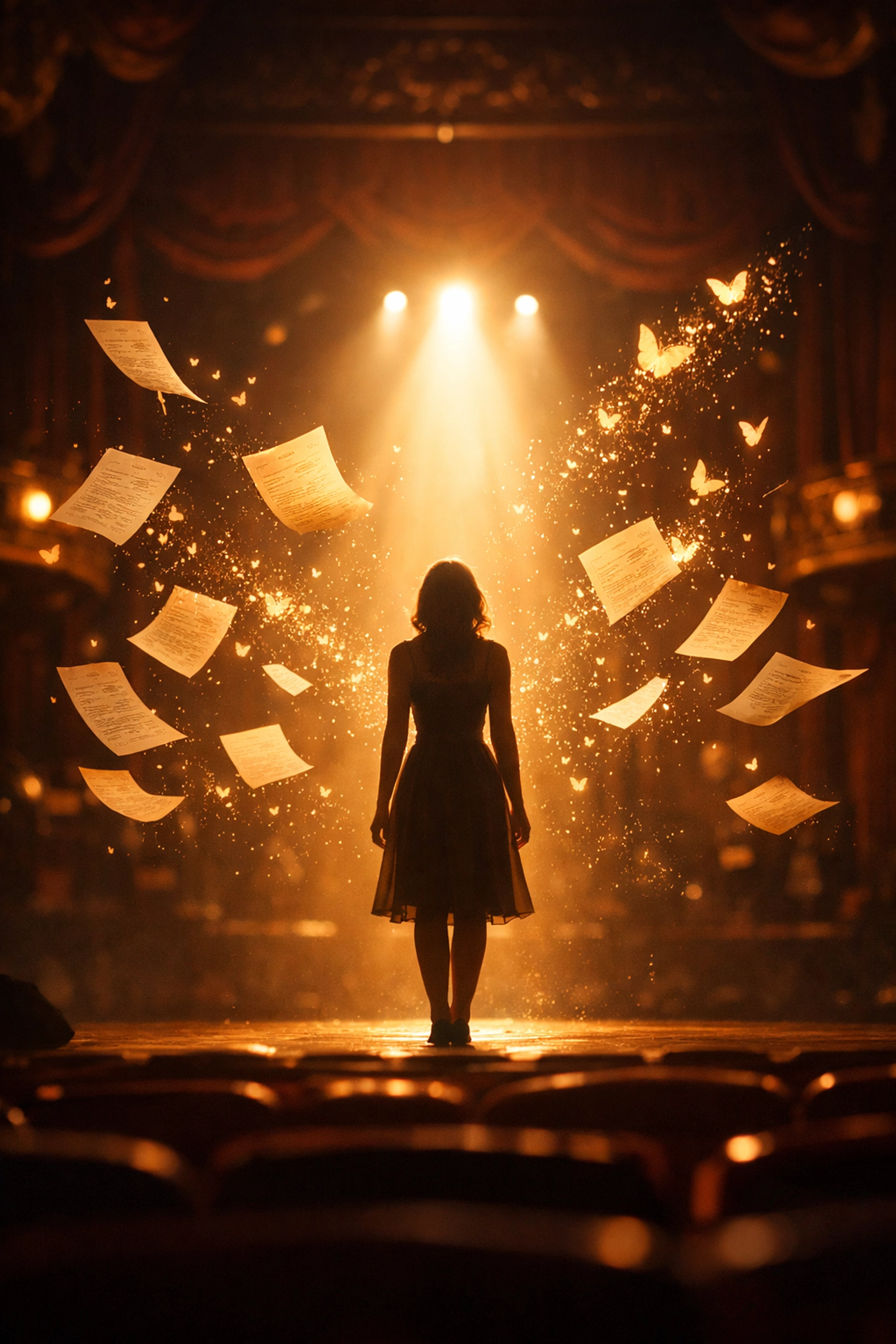 Performer on stage transforming script pages into live theatrical performance