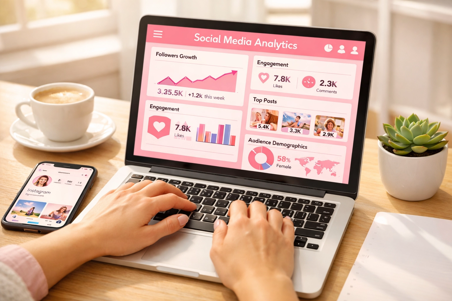 Social media manager analyzing analytics data on laptop with smartphone and coffee on desk