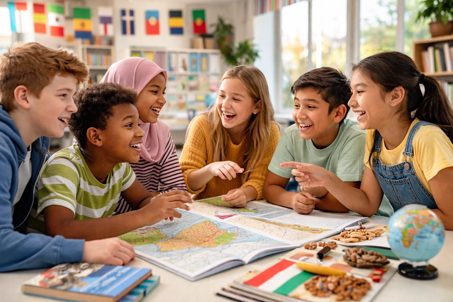 Tween students engaged in a lively multilingual discussion, representing cultural competency and language immersion.