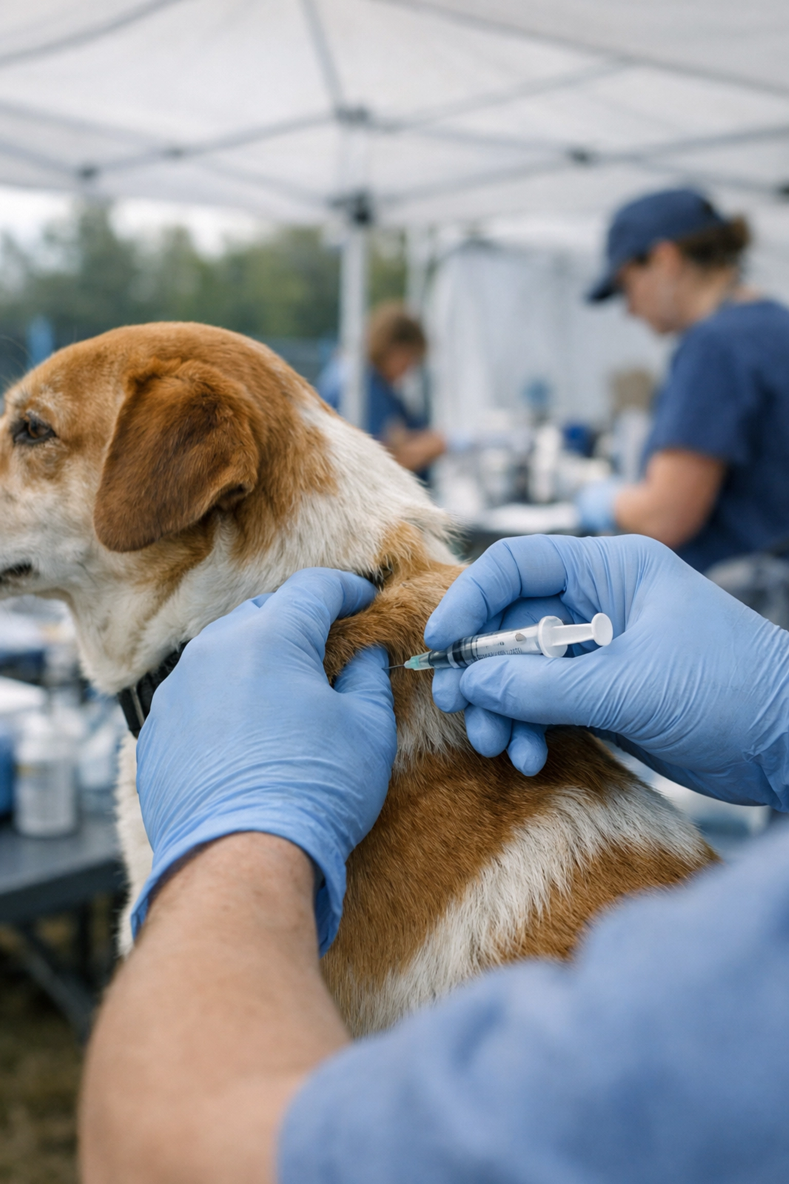An international veterinary volunteer administers free dog vaccinations at an outdoor clinic.