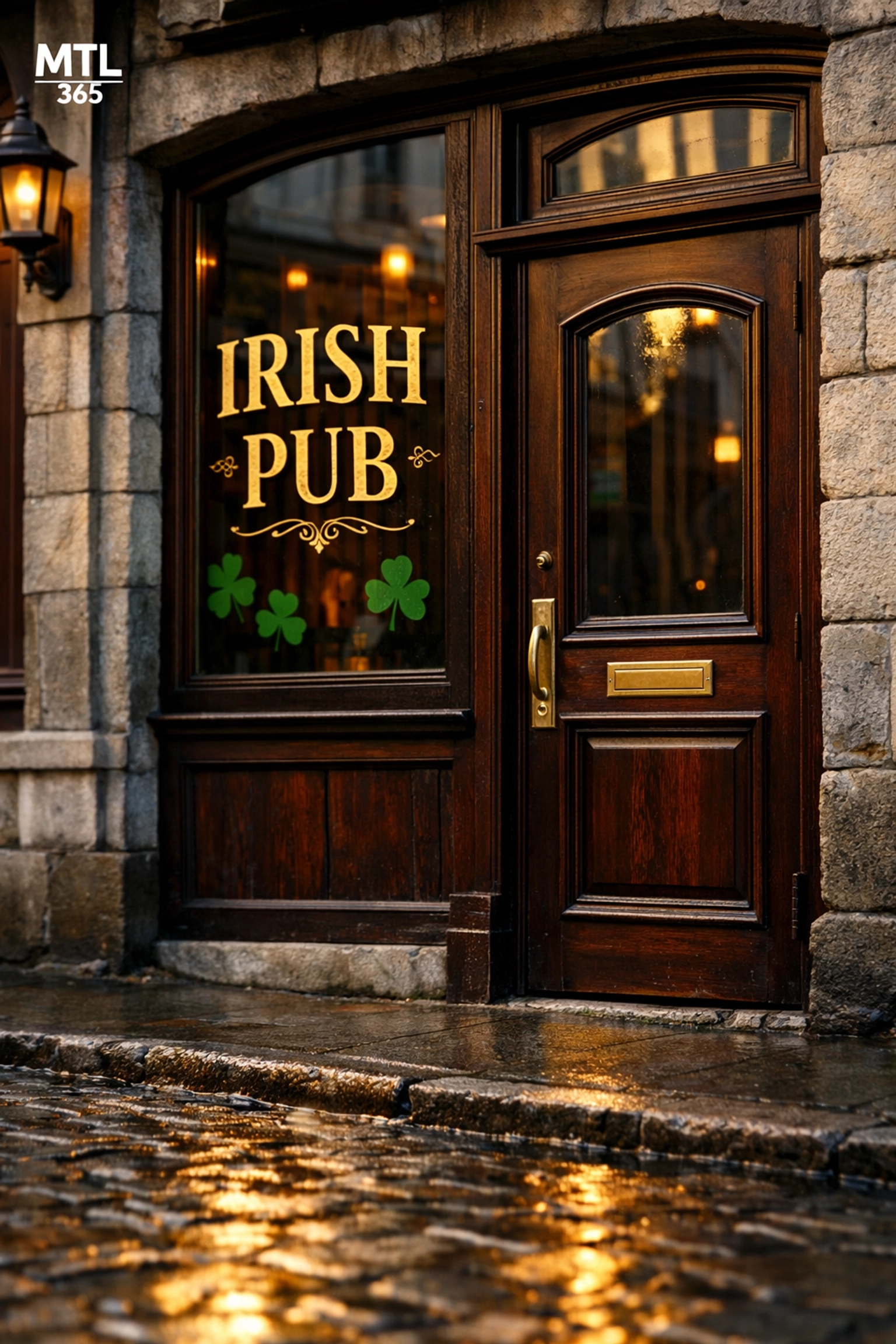 Traditional Irish pub in Old Montreal decorated for St. Patrick's Day festivities.