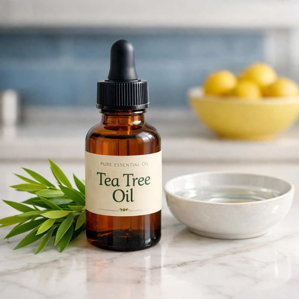 Natural tea tree oil bottle with green leaves on a white marble kitchen counter for eco-friendly disinfection.