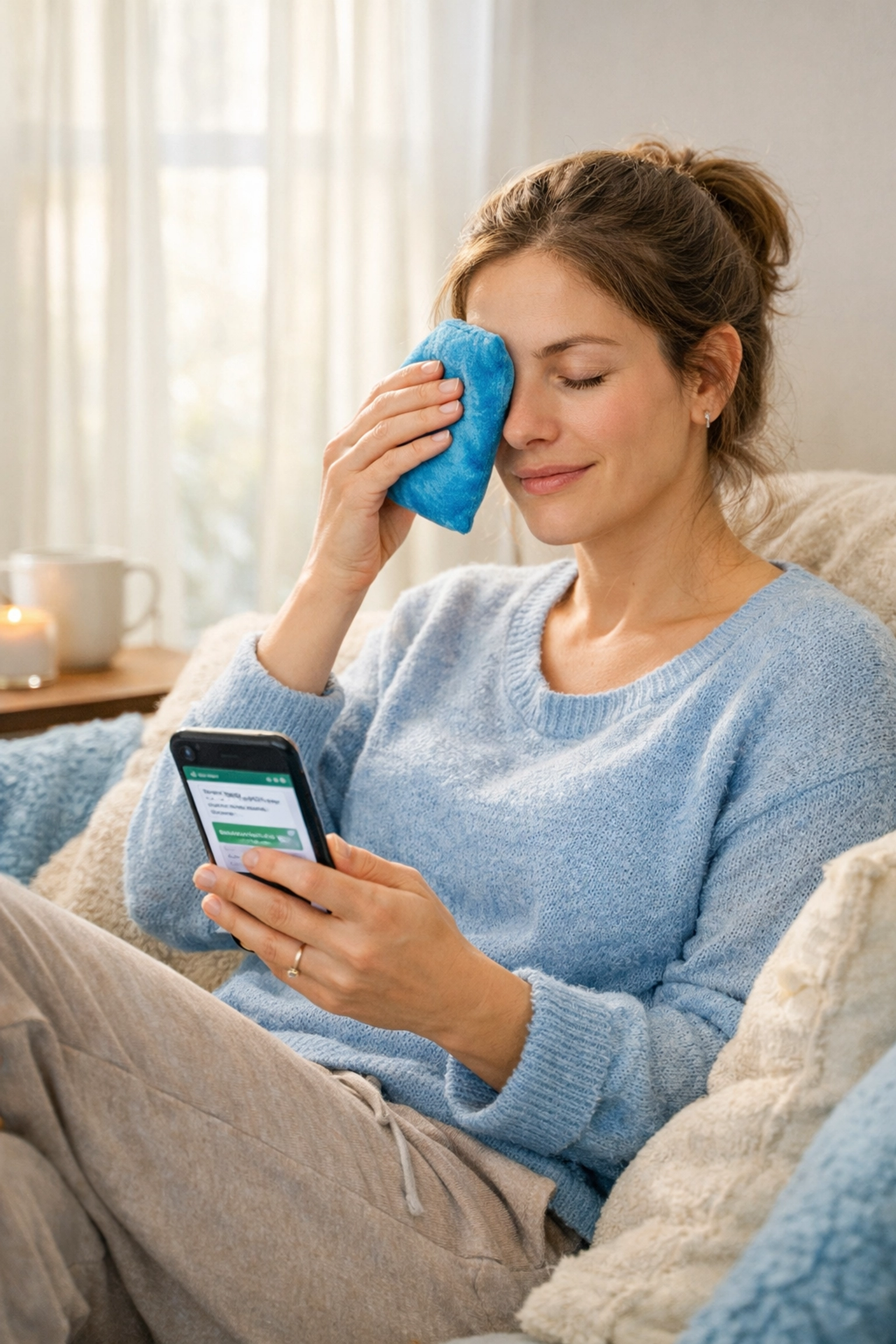 Woman treating pink eye at home with cold compress while texting with online doctor