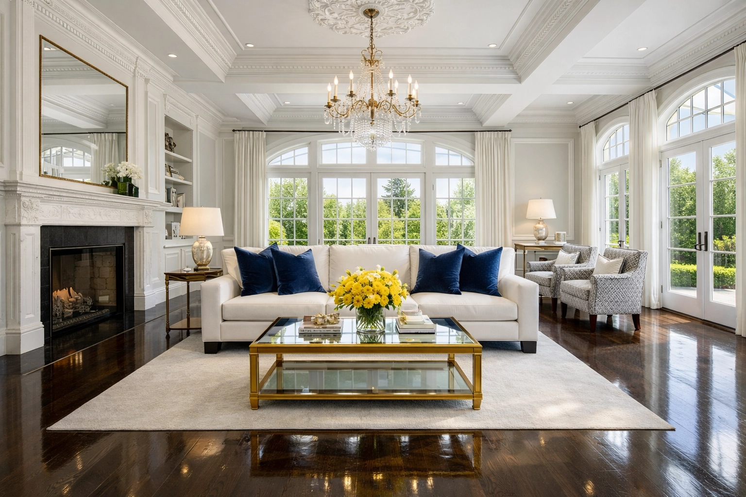 Pristine luxury living room reset following a ninja-level deep cleaning in Wellesley MA with polished hardwood floors.