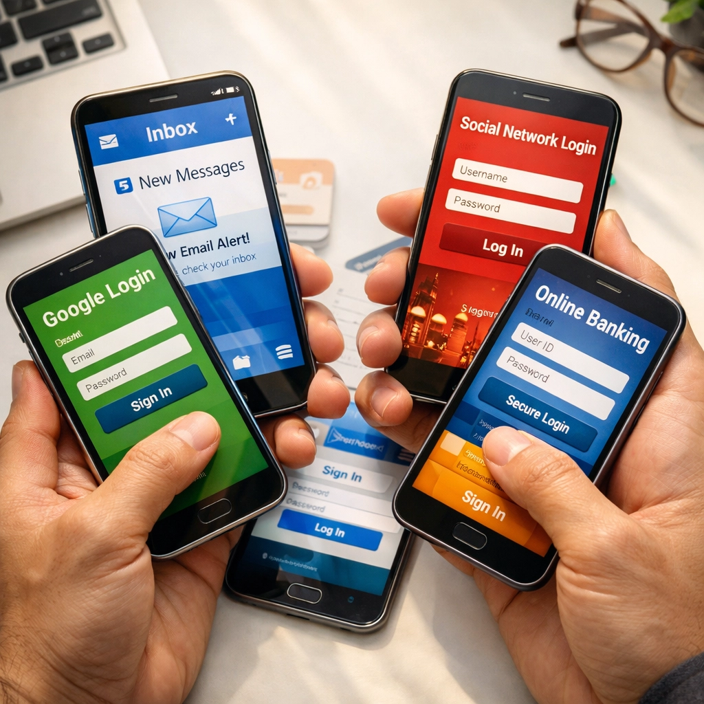 Multiple smartphones displaying login screens and email accounts on desk for digital privacy management