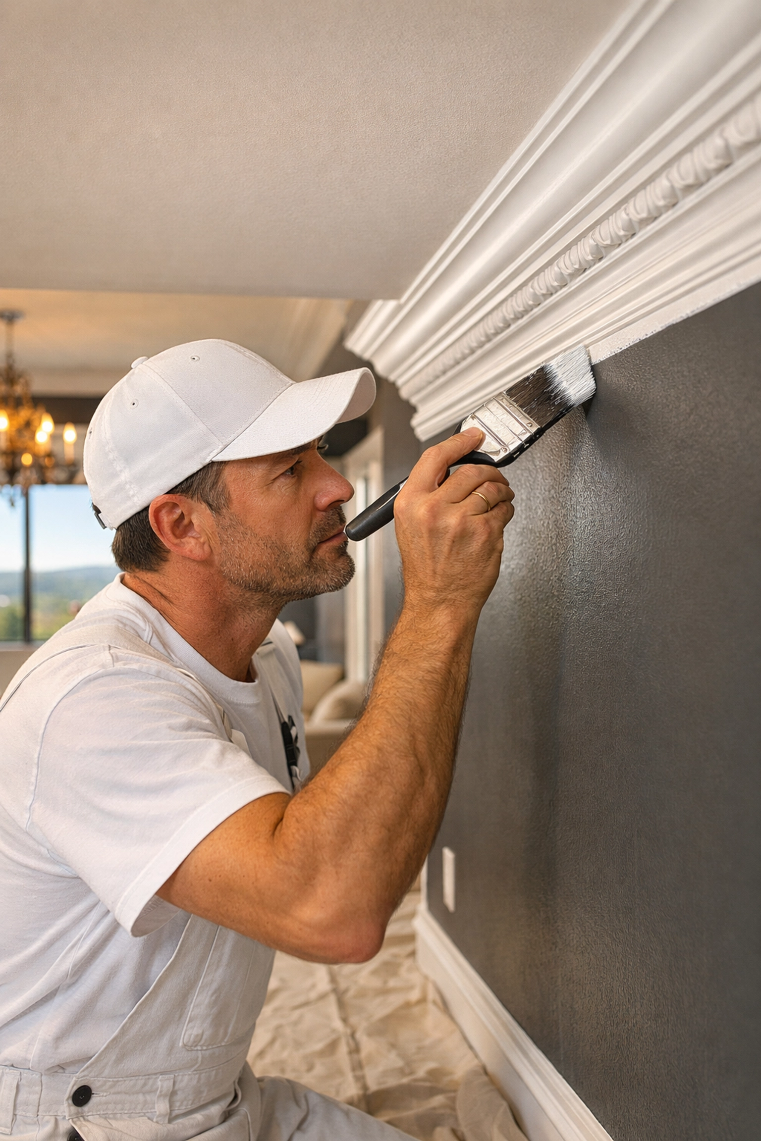 Professional painter meticulously painting crown molding in a luxury Austin home with full floor protection.