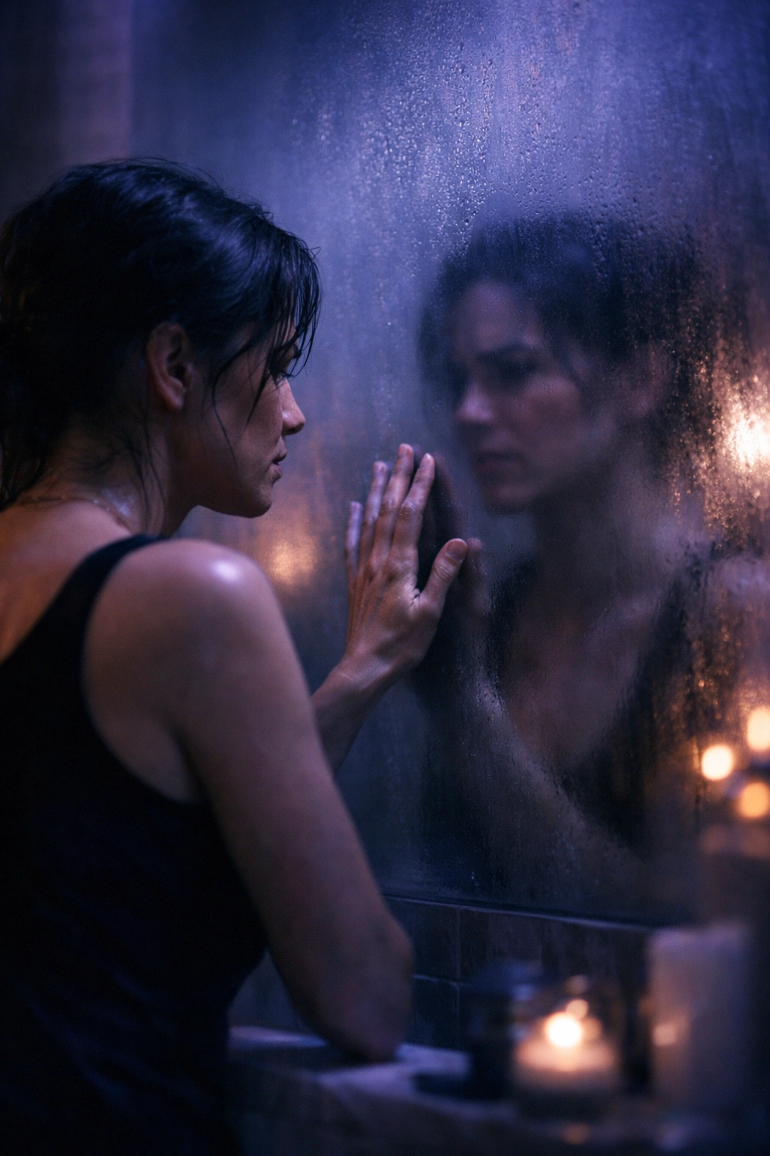 Woman facing mirror showing internal conflict between positive affirmations and nervous system response
