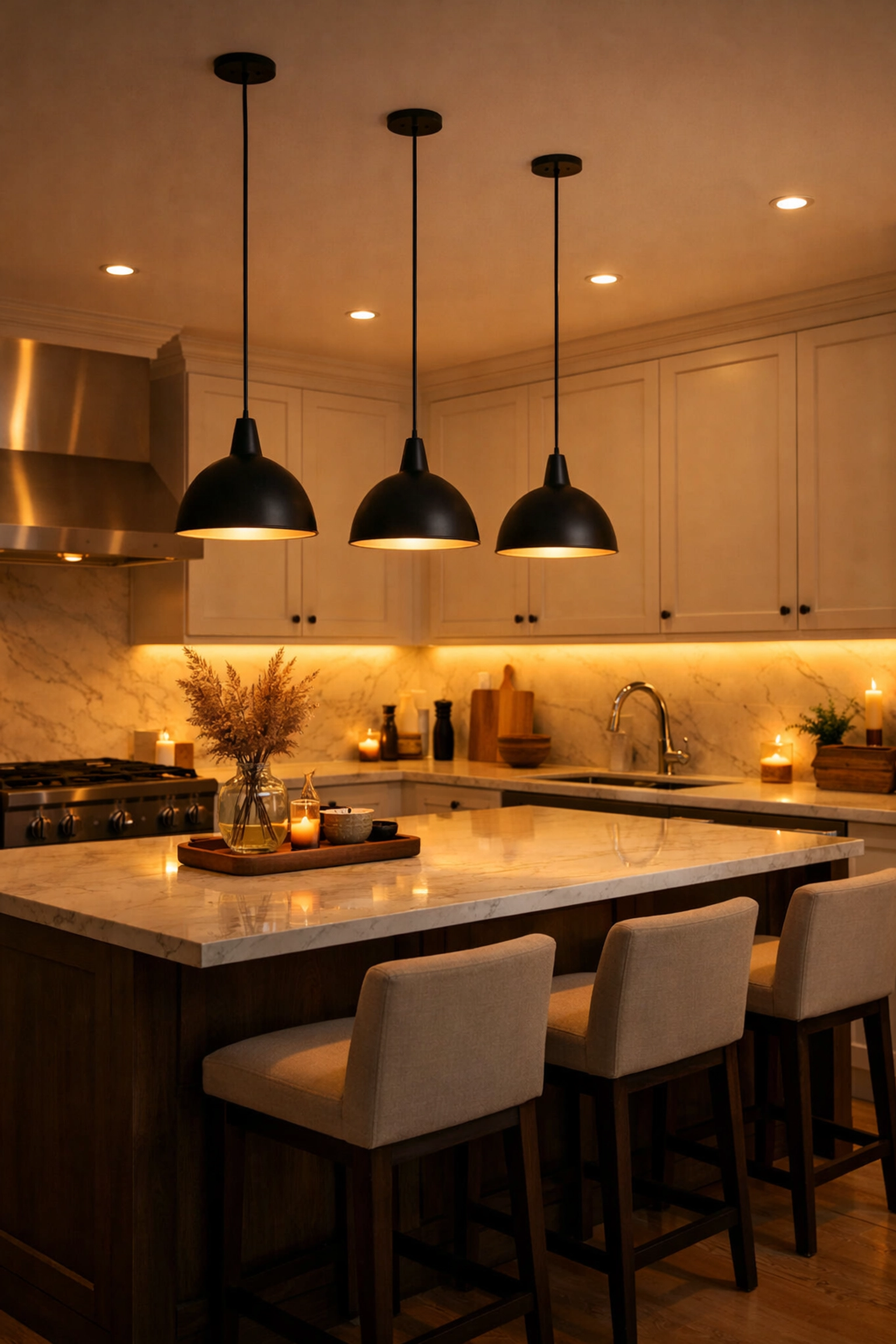 Modern kitchen with layered LED lighting including under-cabinet strips and pendant lights