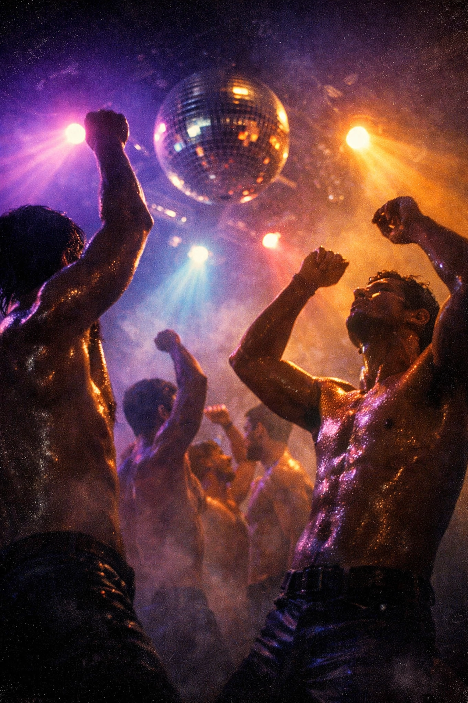 1970s gay disco nightlife scene with men dancing under colored lights in pre-AIDS era New York