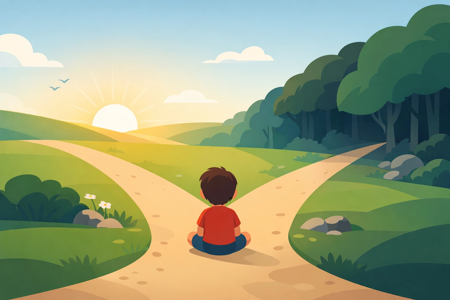 Child at crossroads deciding between truth and lies, weighing fear of consequences