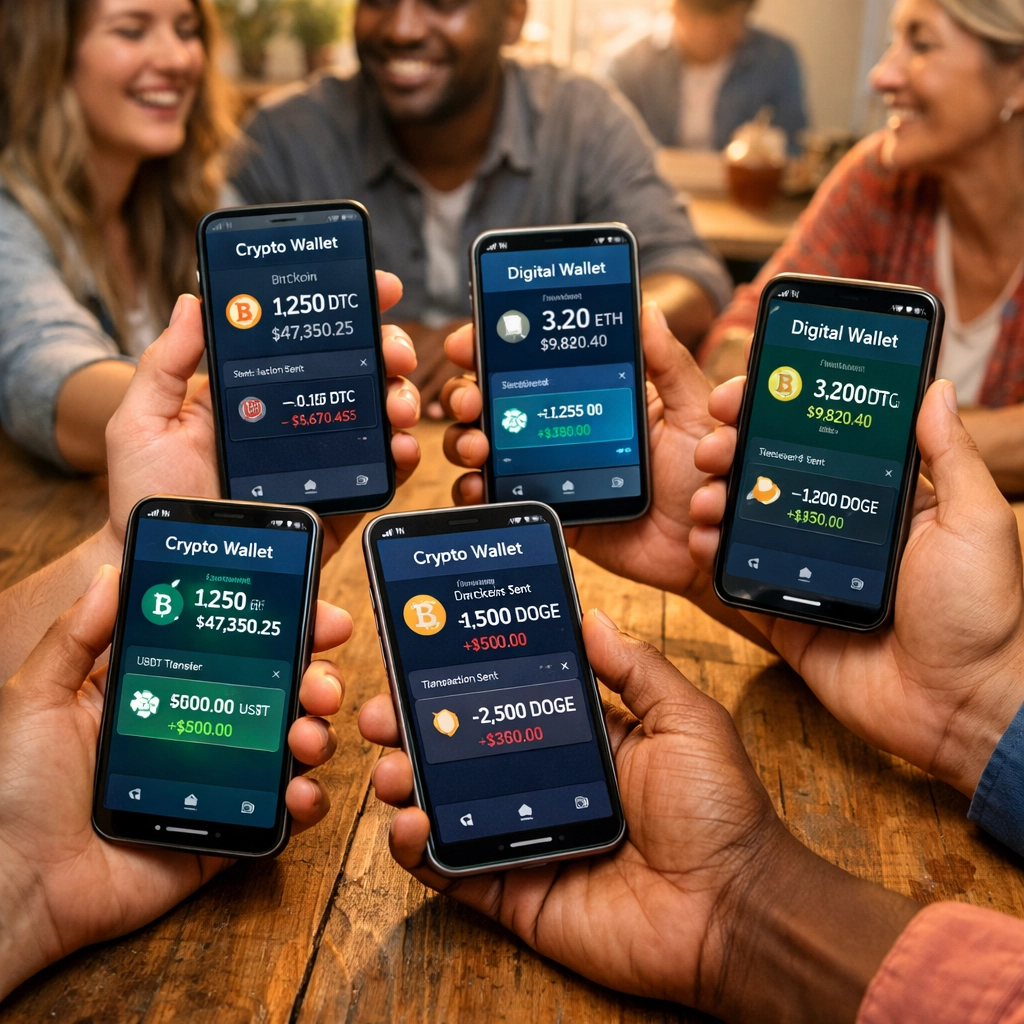 Diverse community members using digital wallets for cryptocurrency transactions