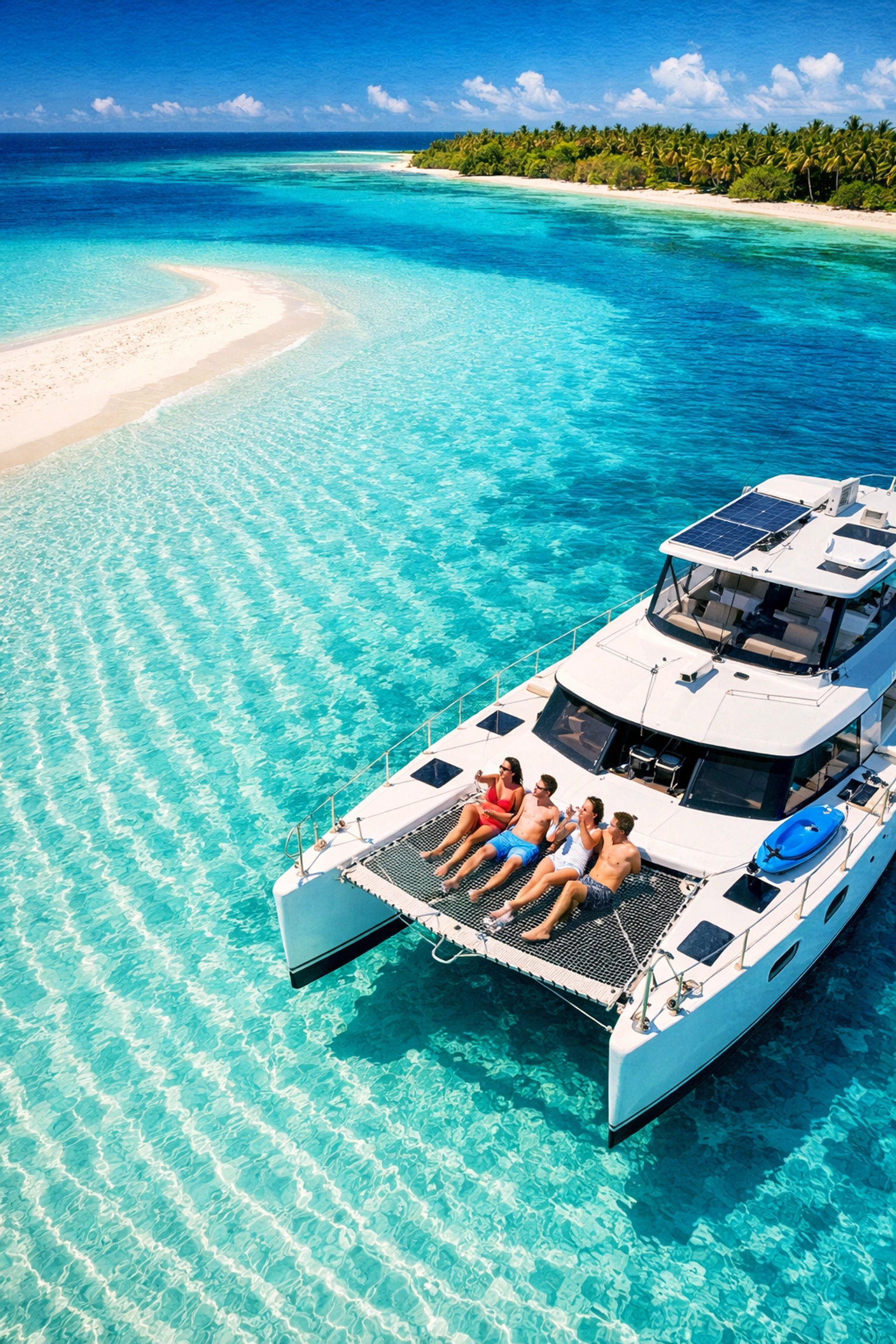 Group of friends on a custom private catamaran excursion during a birthday cruise.