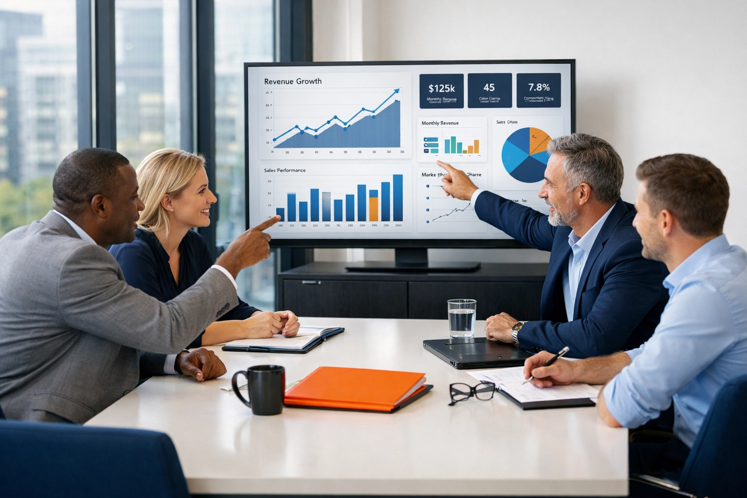 Business team reviewing data dashboards and growth metrics for exit planning preparation