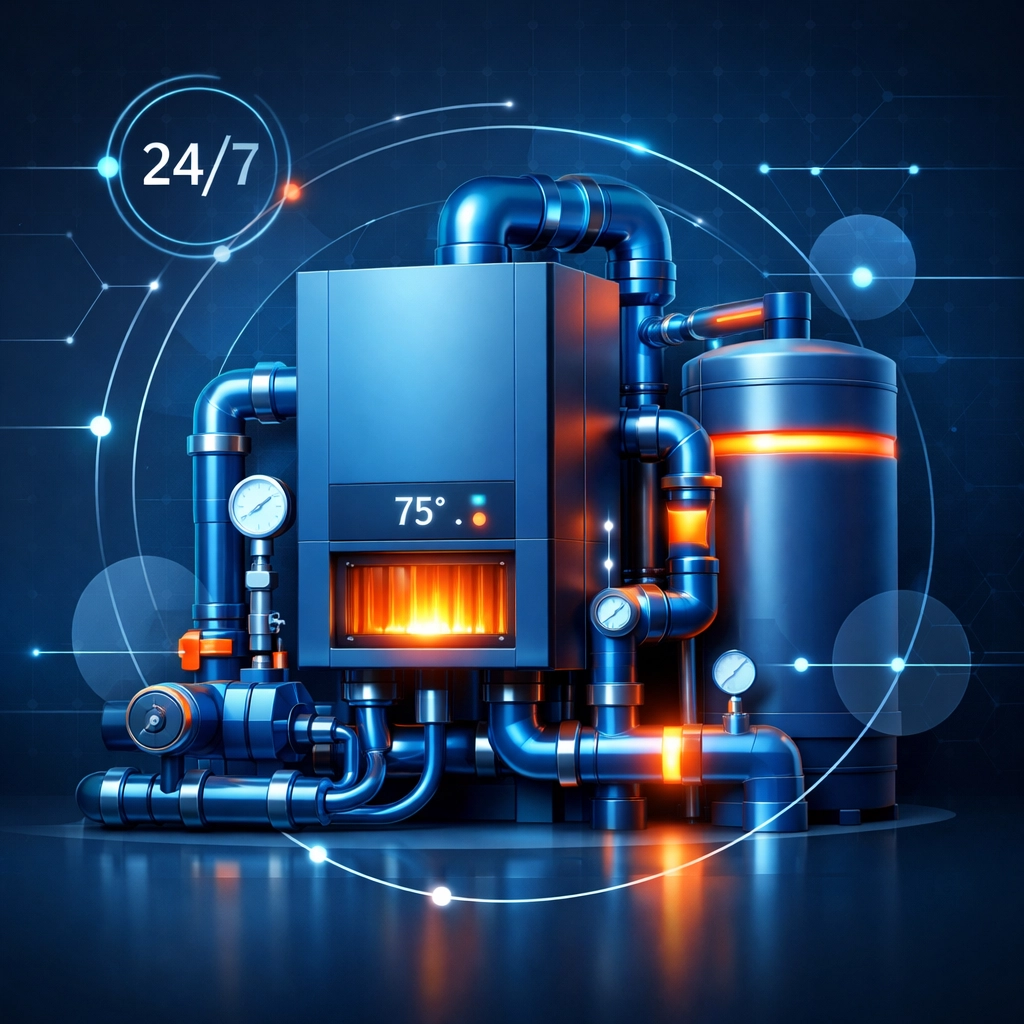 Abstract building heating system nodes representing 24/7 boiler monitoring to avoid NYC heat and hot water violations.