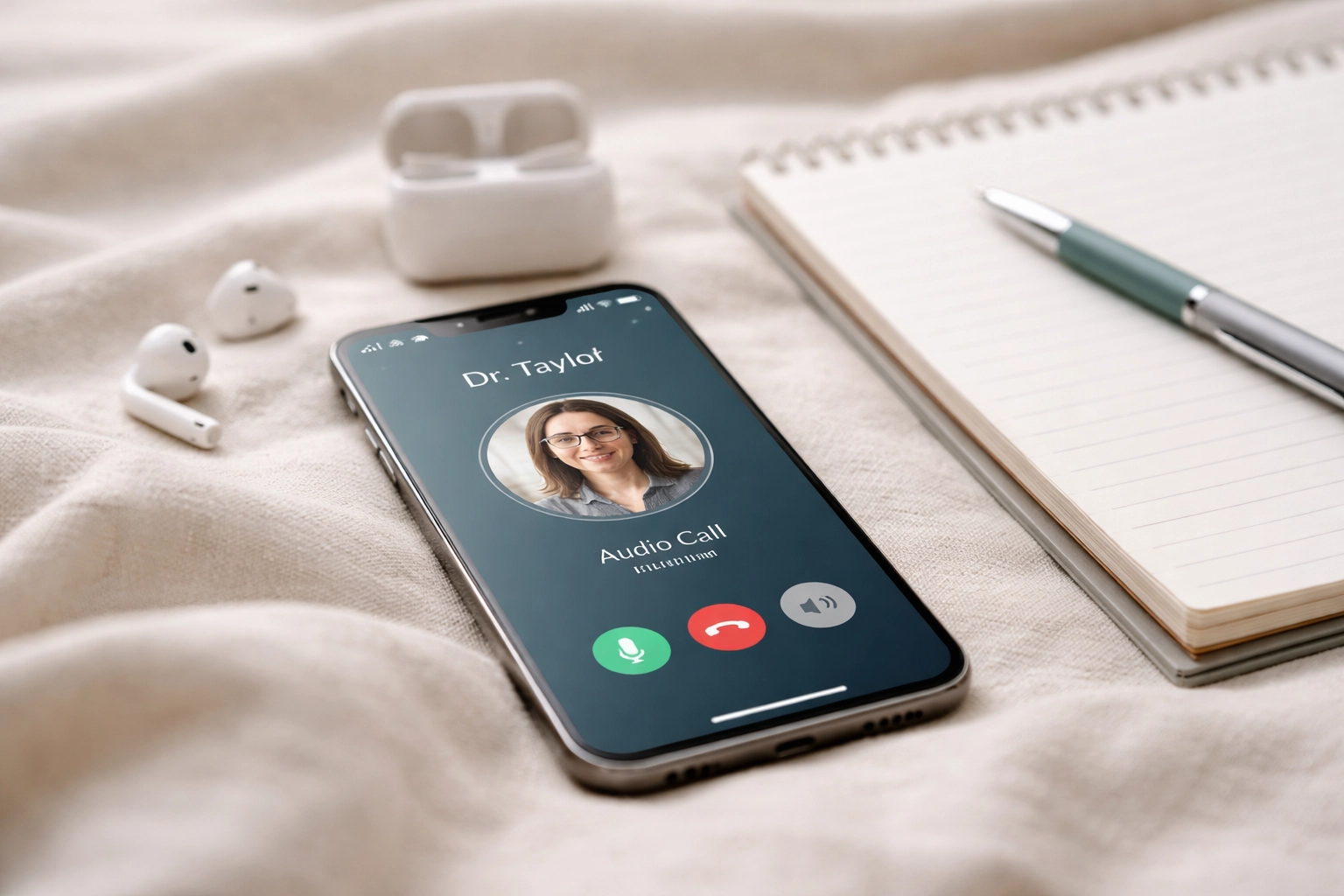 Audio-only telehealth setup with a smartphone, earbuds, and notepad, representing mental health billing compliance