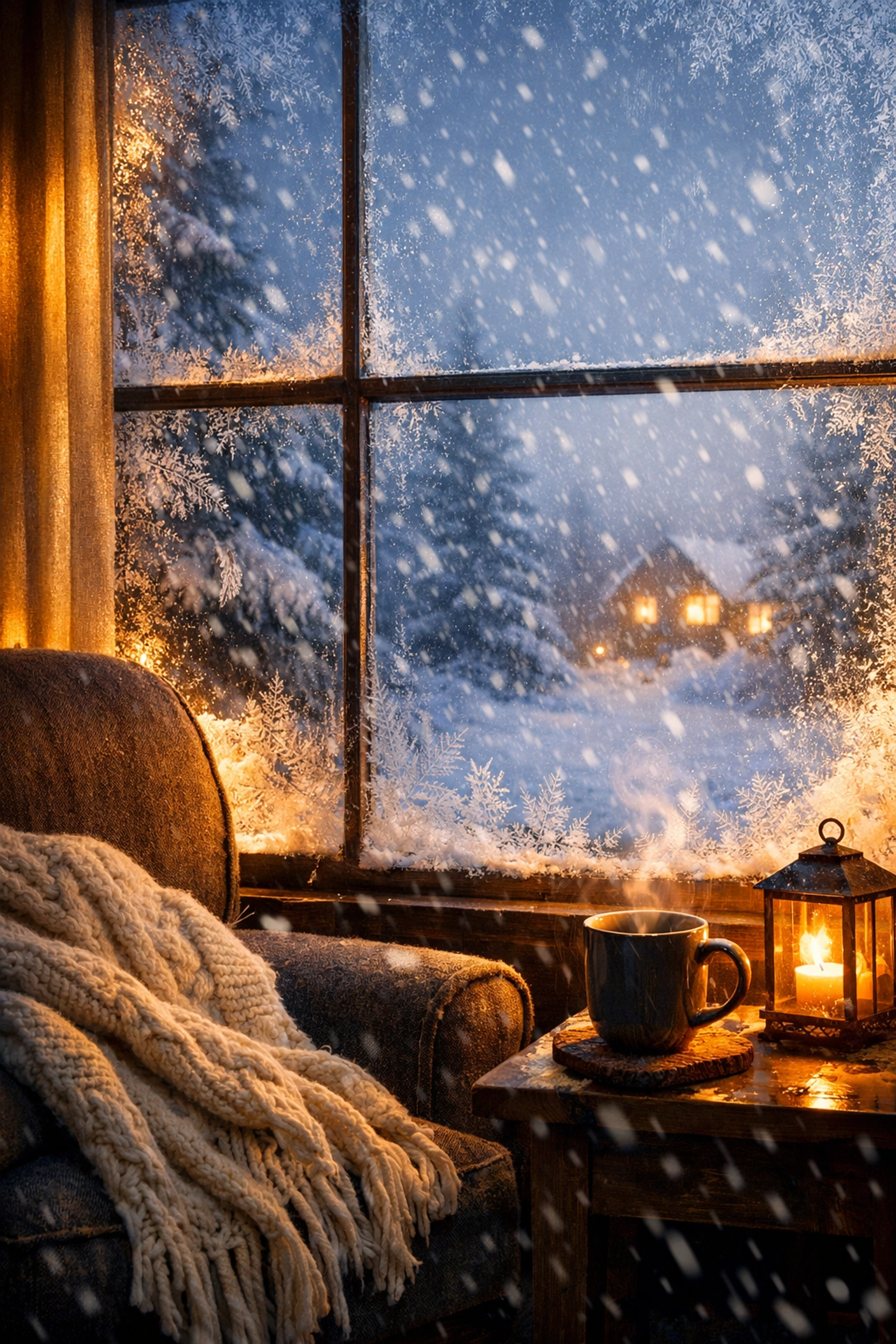 Cozy living room during winter storm showing warmth and shelter from the chaos outside