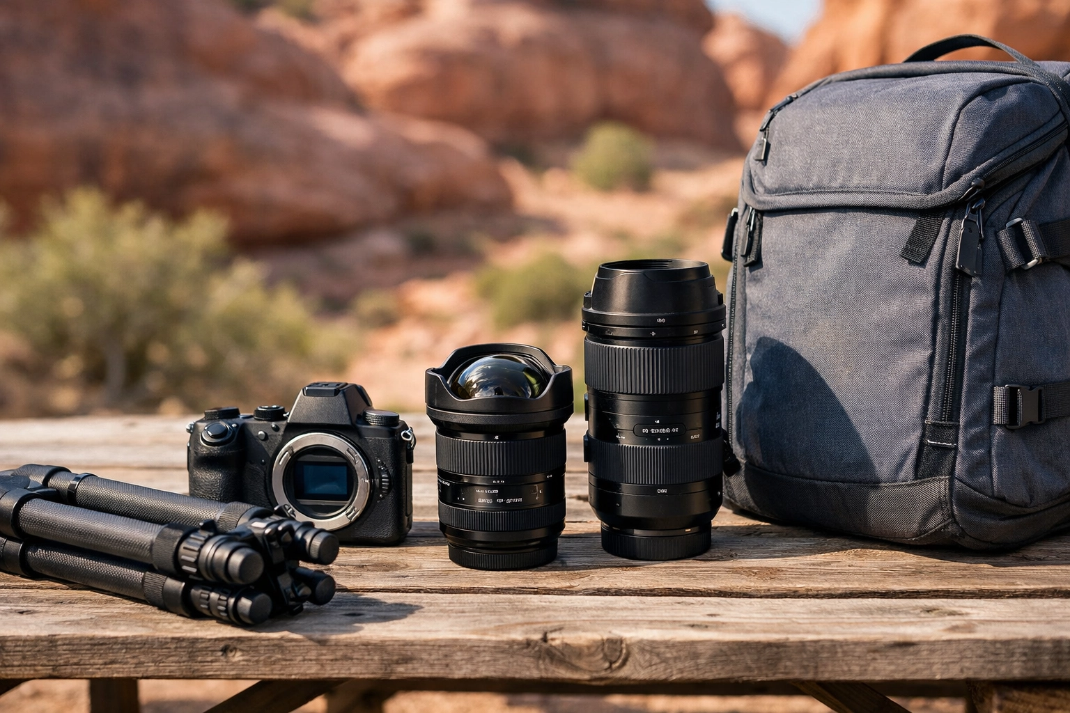 Essential photography gear including a mirrorless camera and tripod for national park landscape photos.