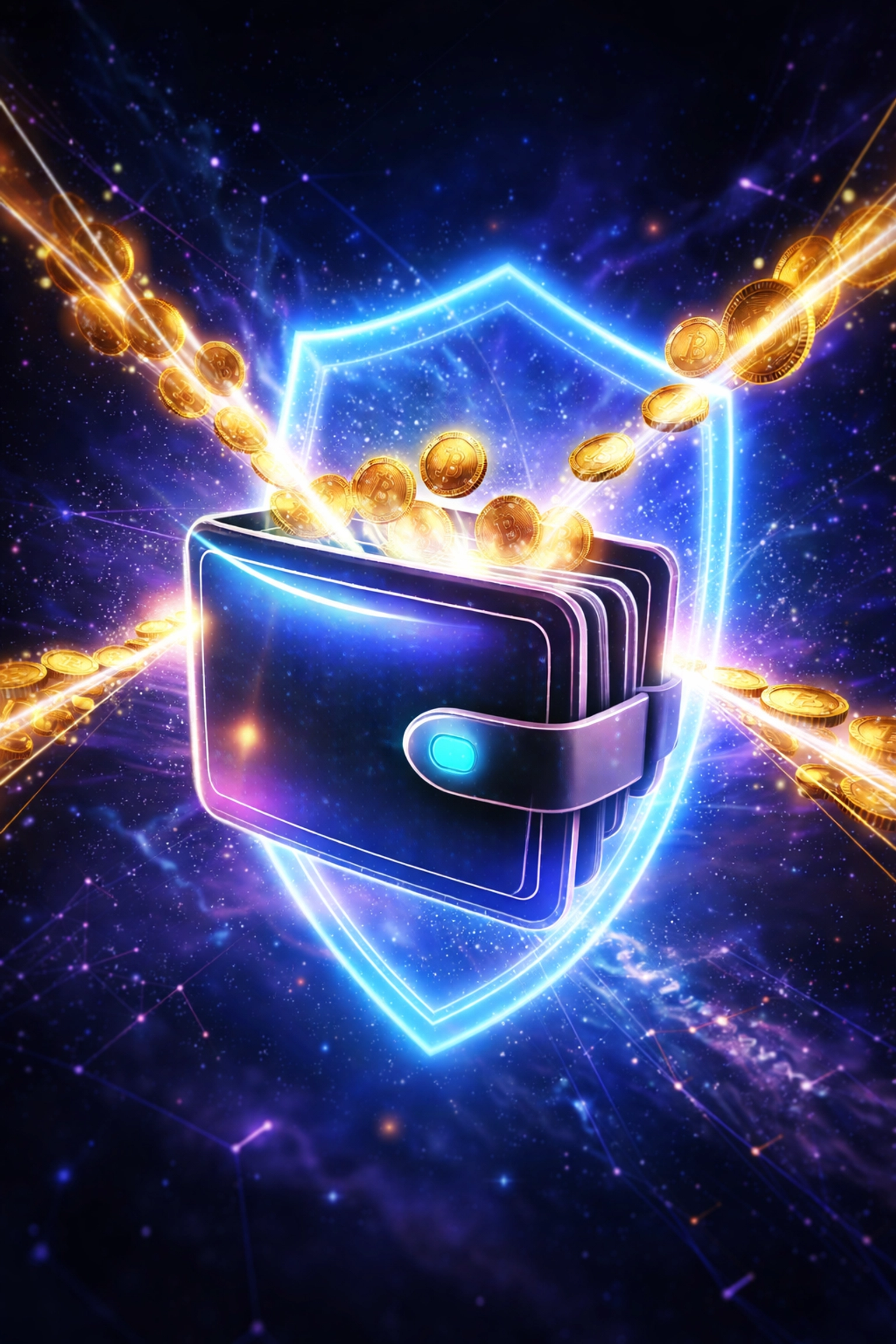 Glowing digital wallet receiving cryptocurrency coins in space, representing Larecoin self-custody for secure crypto payments