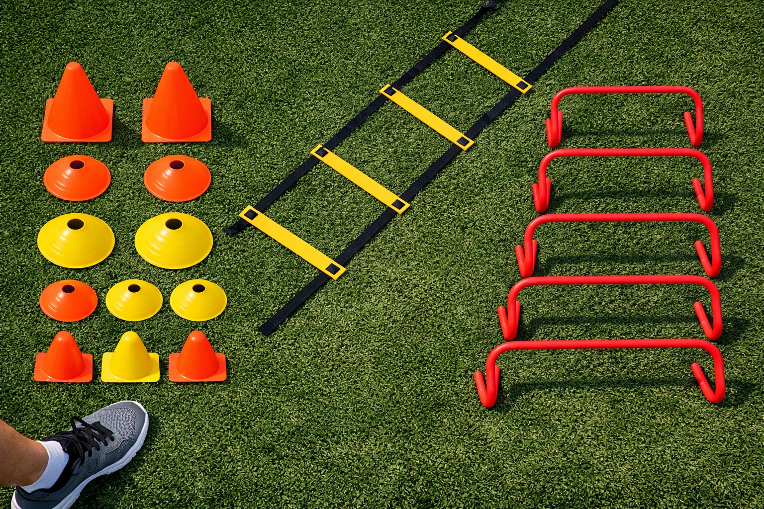Essential coaching equipment: training cones, agility ladder, and speed hurdles on grass