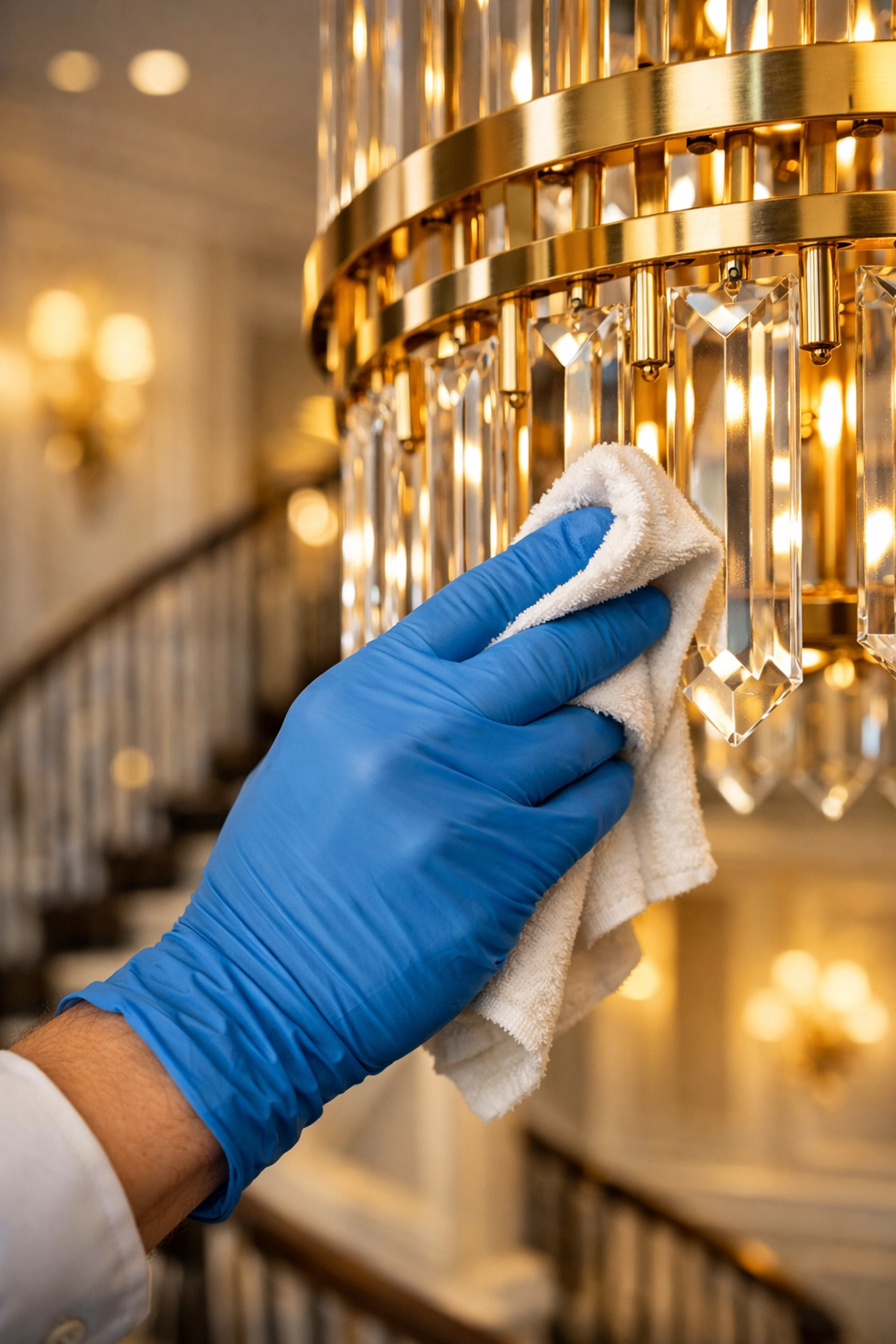 Professional specialist performing expert Lynnfield luxury home cleaning on a high-end crystal chandelier.
