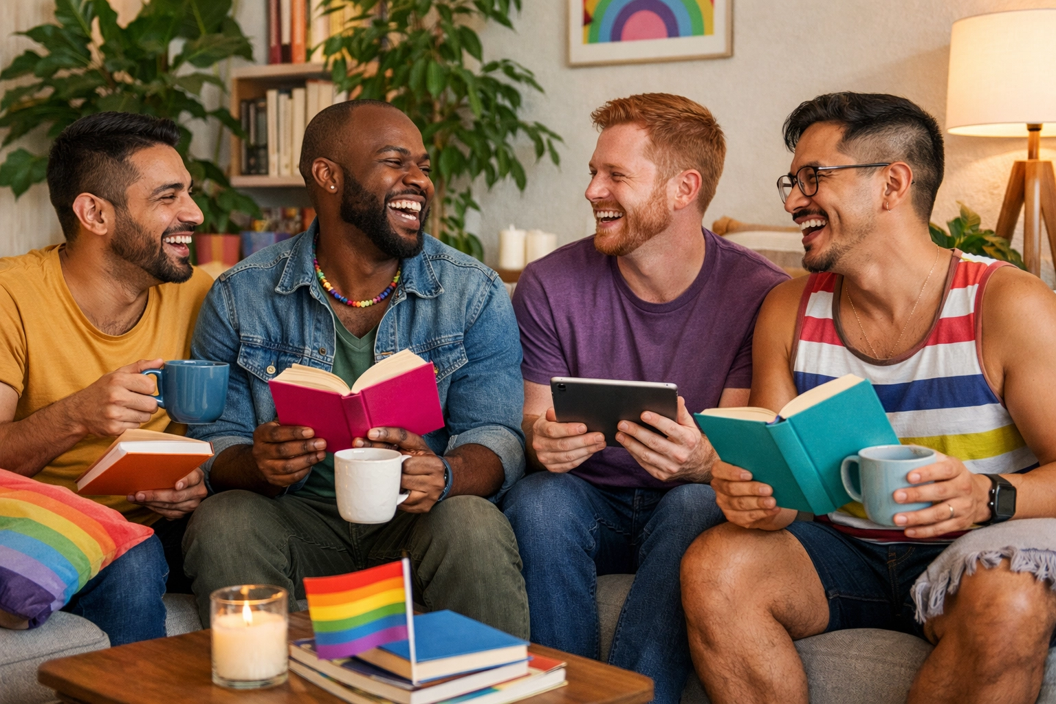 A diverse group of friends enjoy a gay book club meeting, representing the Read with Pride community.