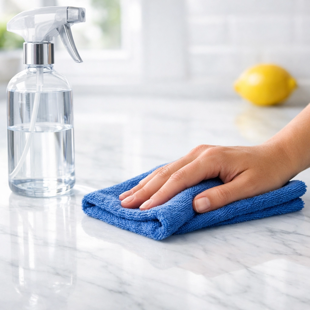 Professional house cleaning Lowell MA: wiping a marble kitchen counter with a blue microfiber cloth.