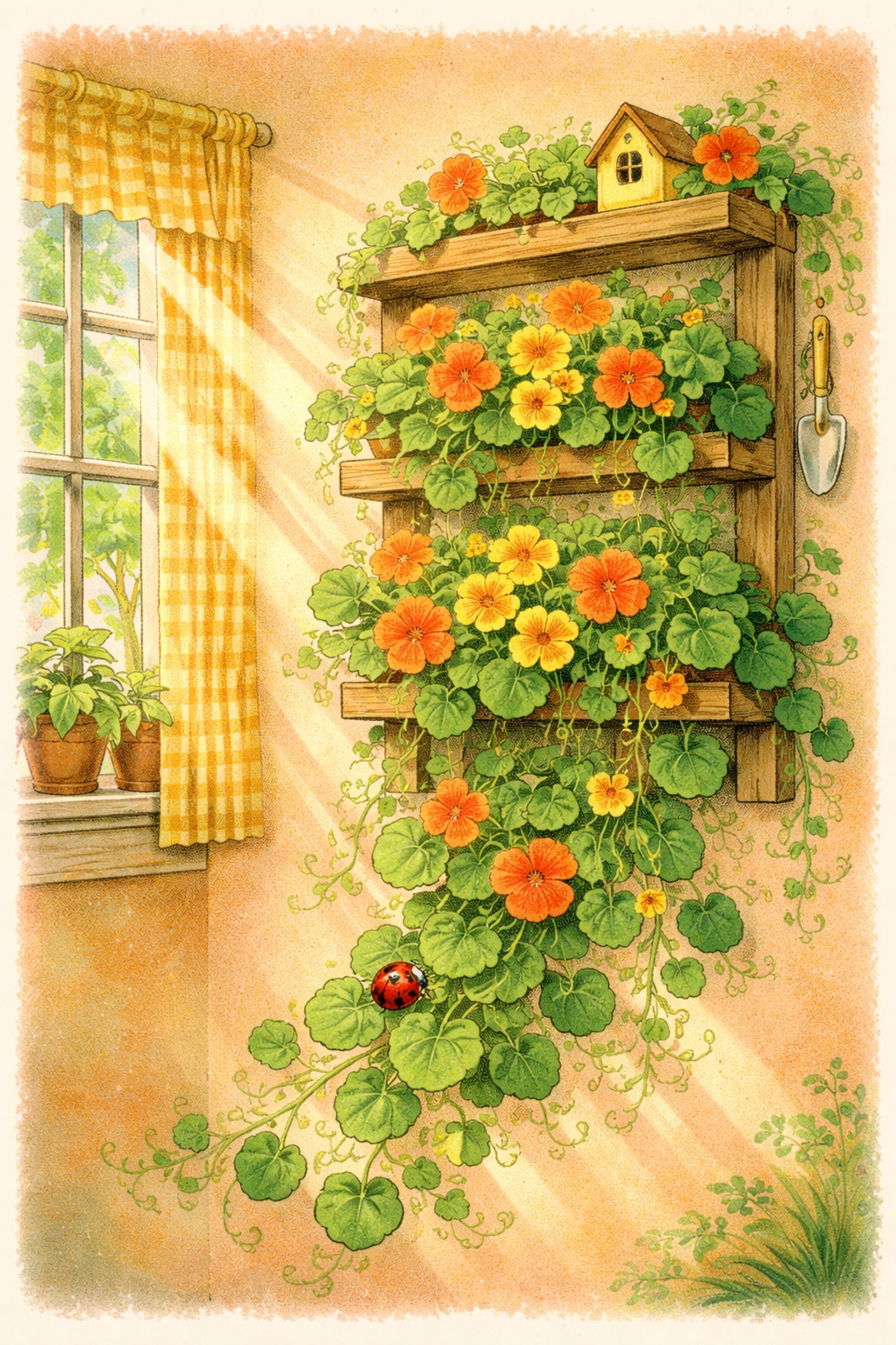 Vertical garden of trailing nasturtium vines in morning sunlight, showing when to harvest edible flowers for best flavor.