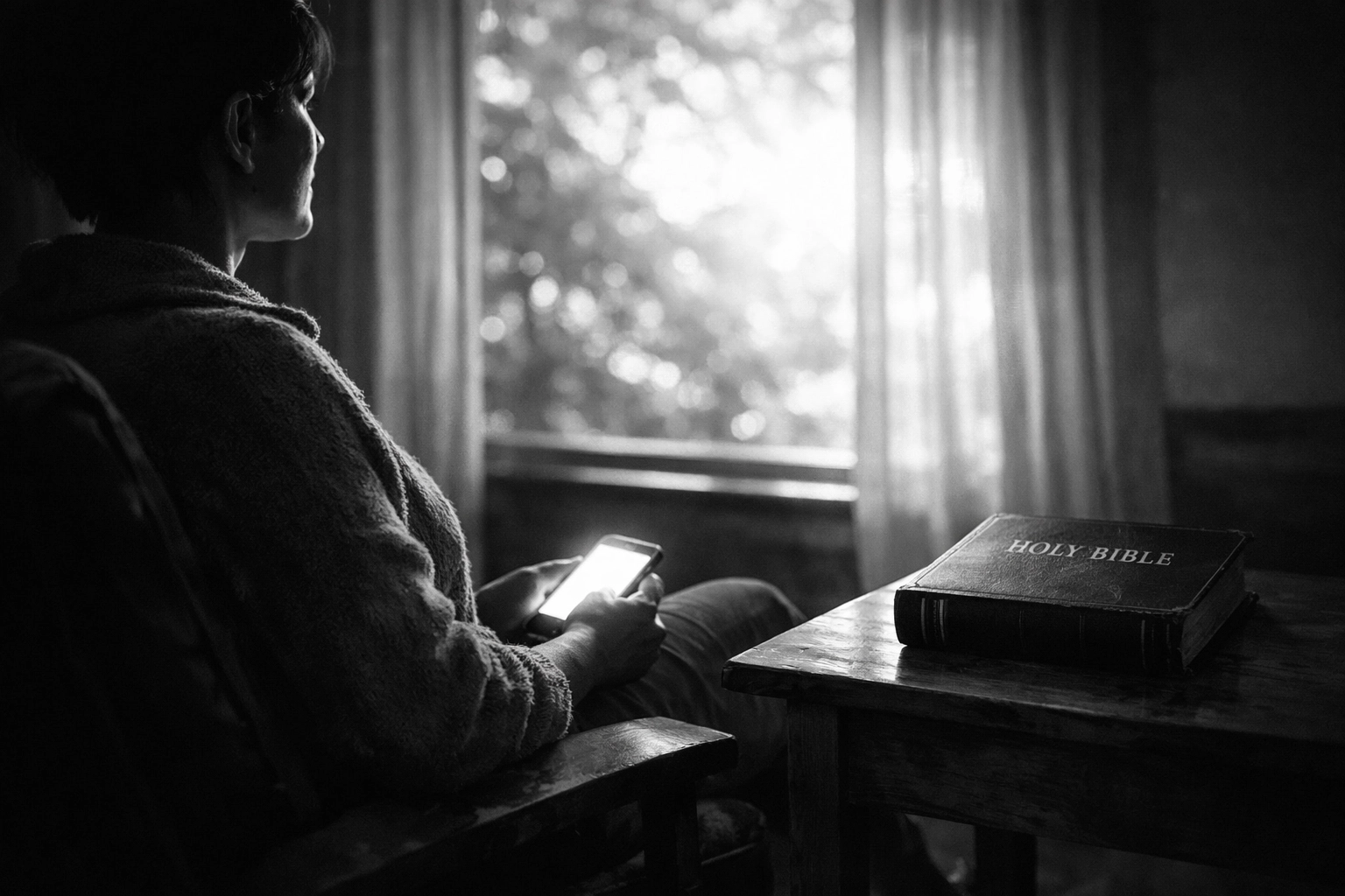 A person reflecting on spiritual discernment and technological stewardship with a Bible in a quiet room.