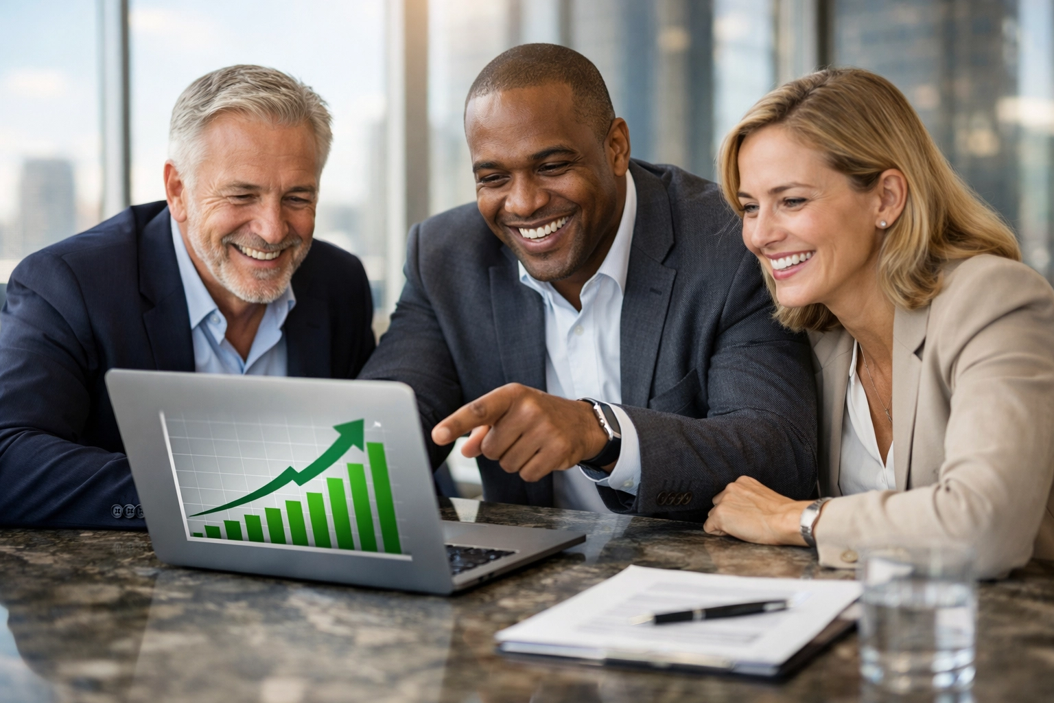 Executives reviewing a growth chart showing high ROI from ServiceNow consulting services and platform audits.