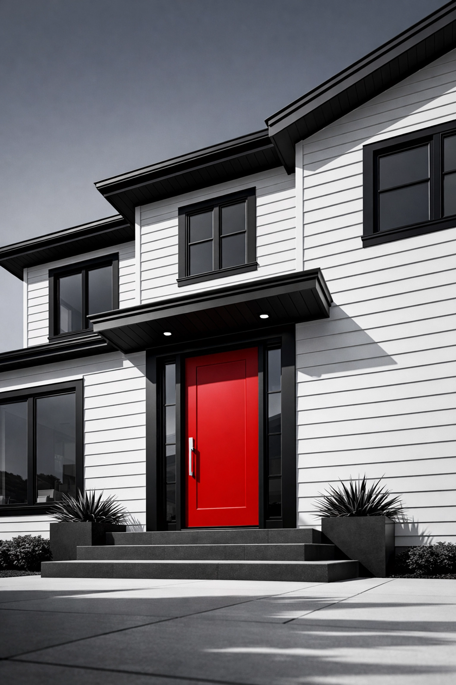 Modern home featuring white horizontal lap siding and black trim by a siding contractor in Chattanooga.