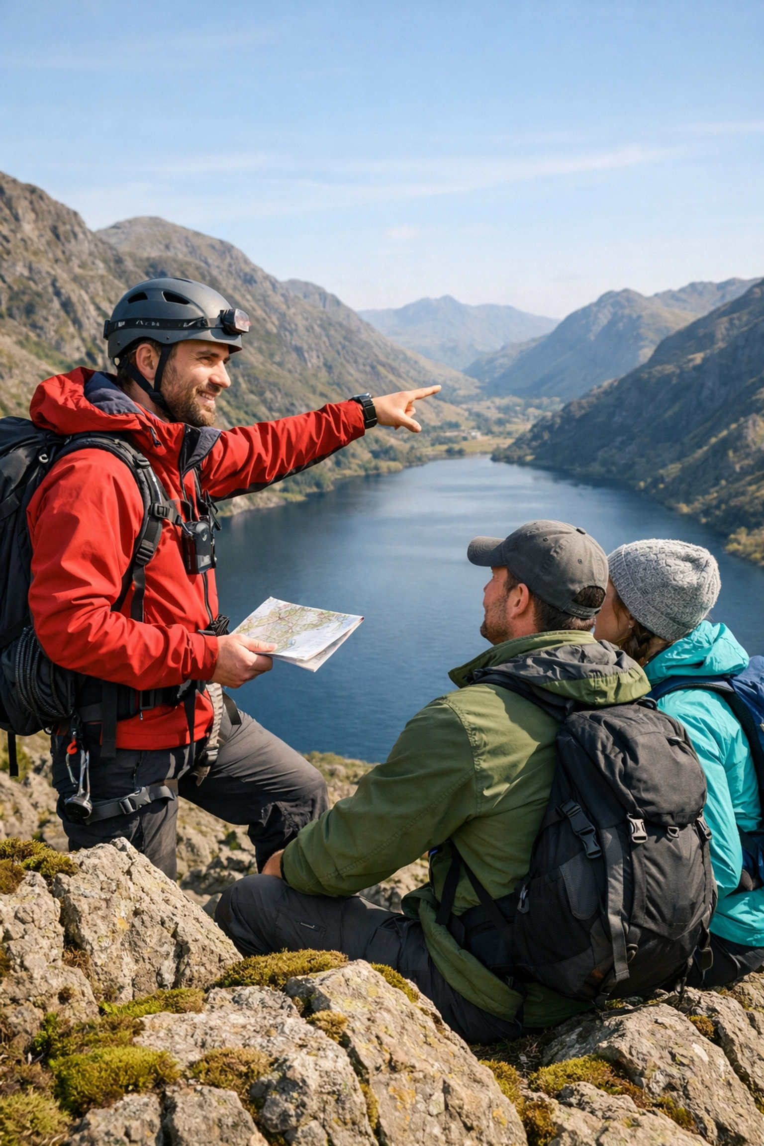 Expert guide leading a guided walk in the Lake District overlooking a tranquil mountain lake.