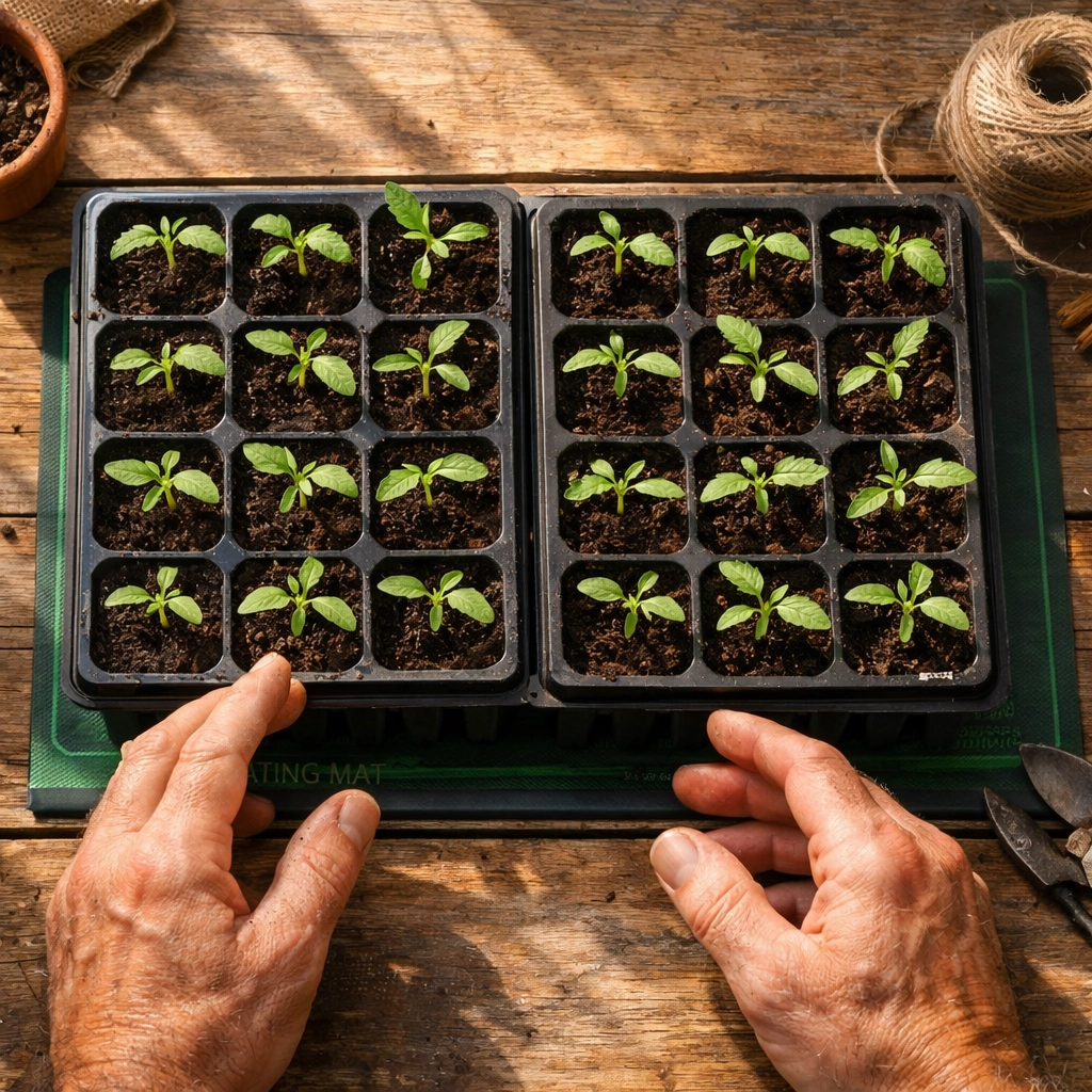 Young tomato seedlings growing in seed trays with heat mat for indoor starting