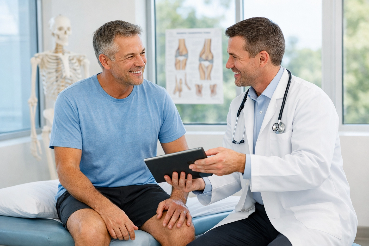Patient discussing PRP and cortisone injection options with orthopedic surgeon