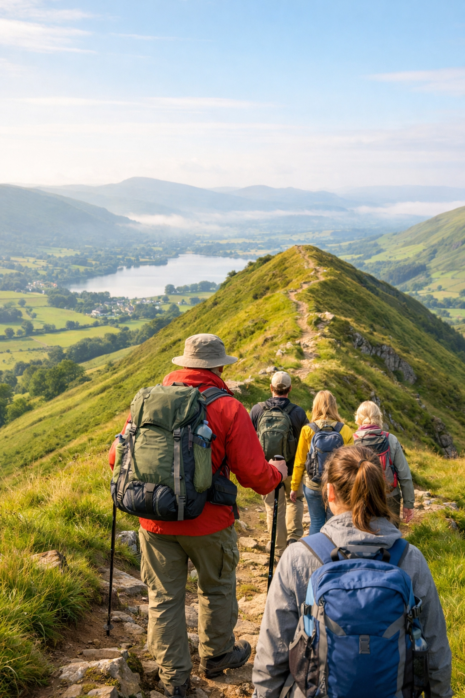 A group of hikers enjoys a scenic ridge walk on a guided hiking tour in the UK countryside.