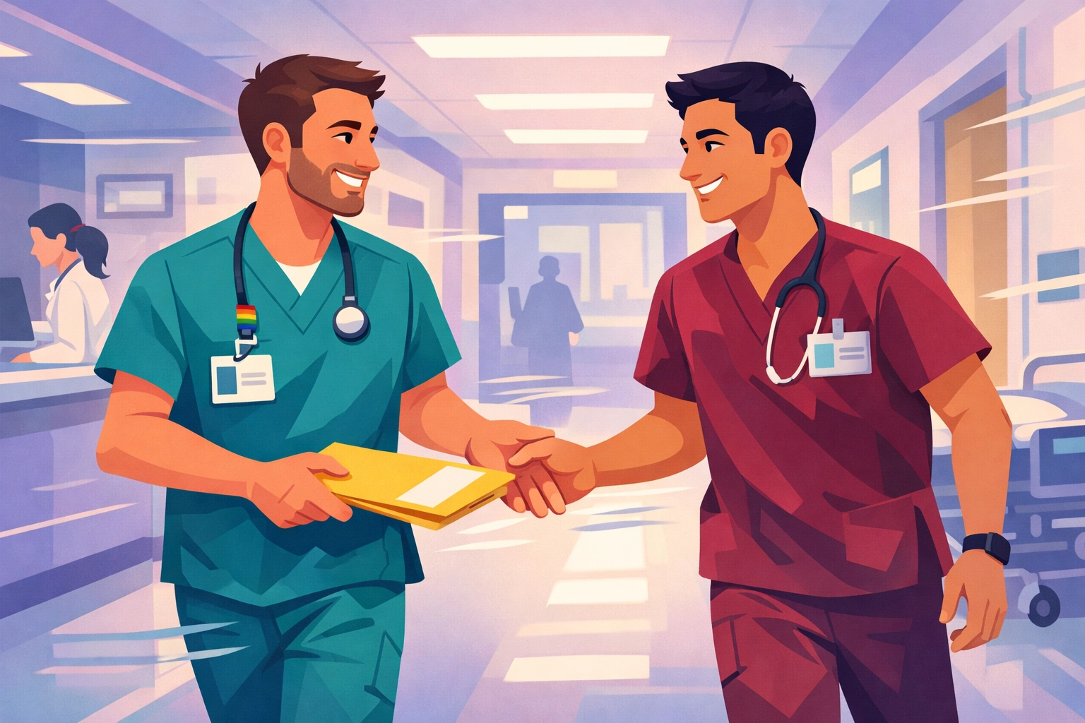 Gay male nurses touching hands while exchanging patient file in hospital hallway