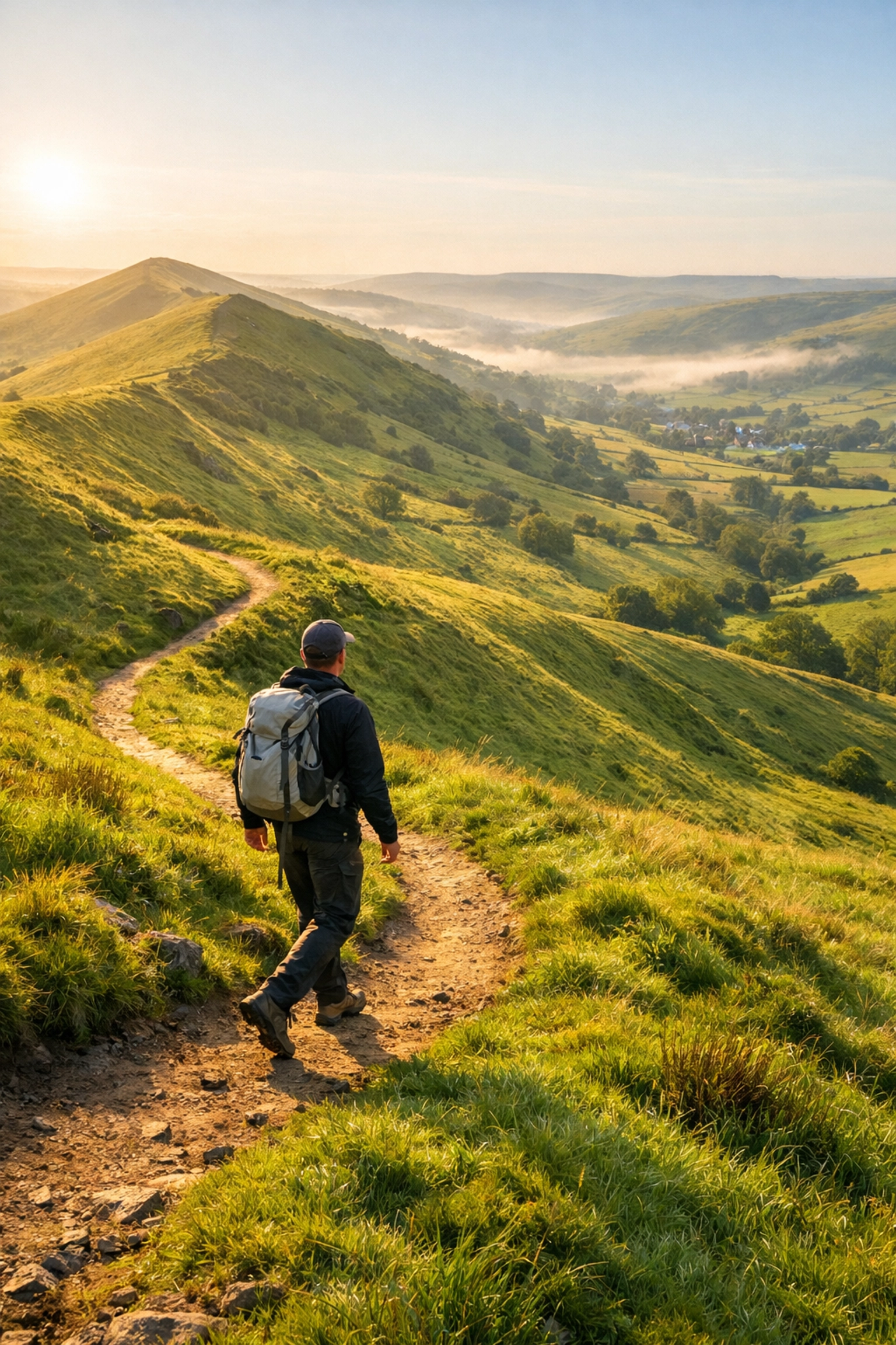 A hiker on a moderate trail in the Peak District, part of a guided hiking tour in the UK.