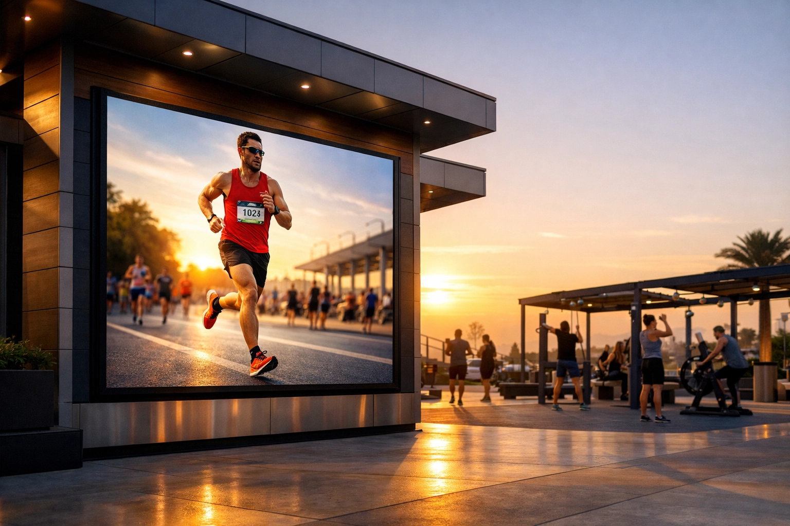 Digital out-of-home screen at an outdoor fitness center targeting active sports fans with relevant ads.
