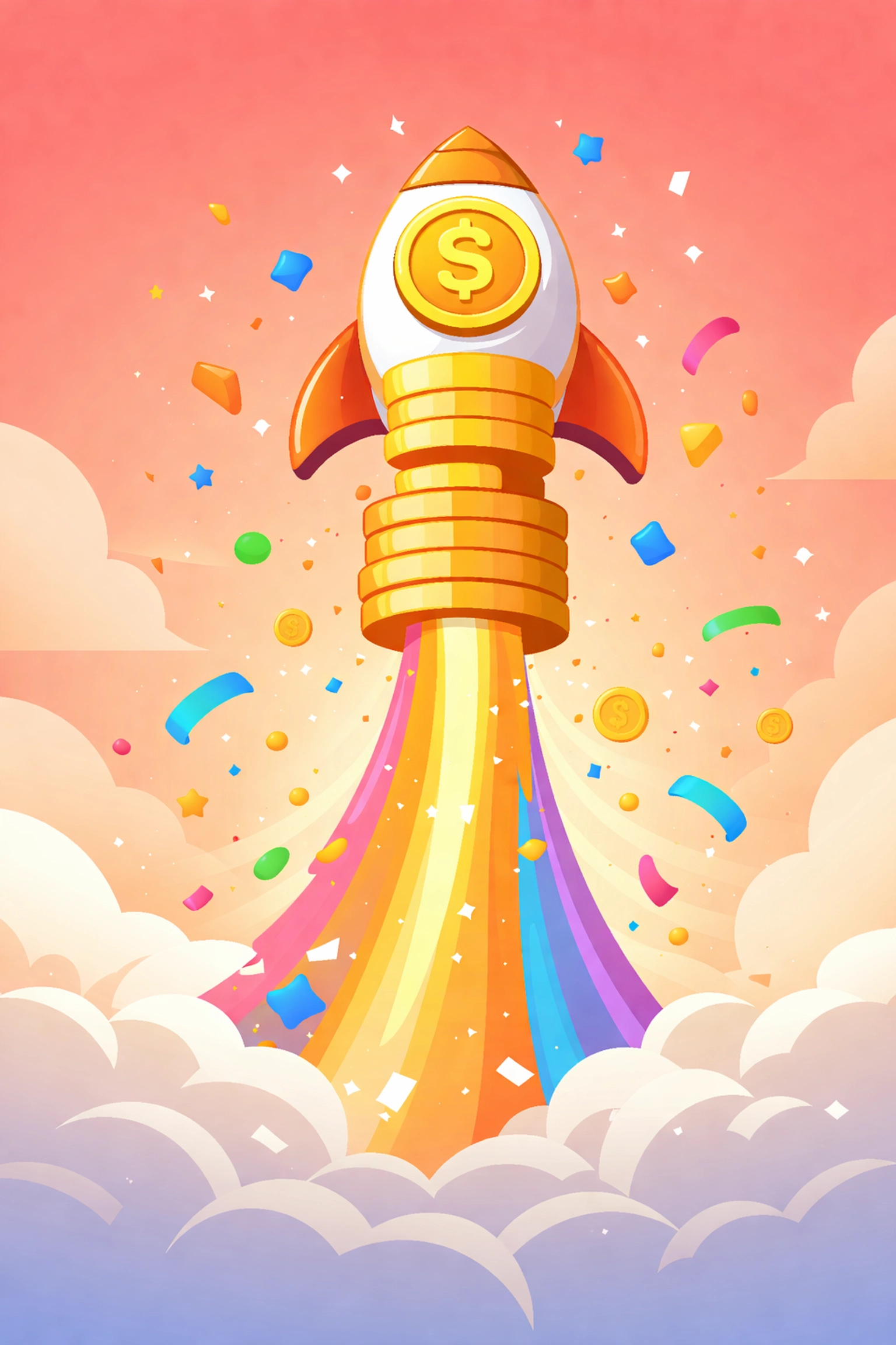 A rocket ship made of stacked coins launching, symbolizing affordable PR services and startup growth.