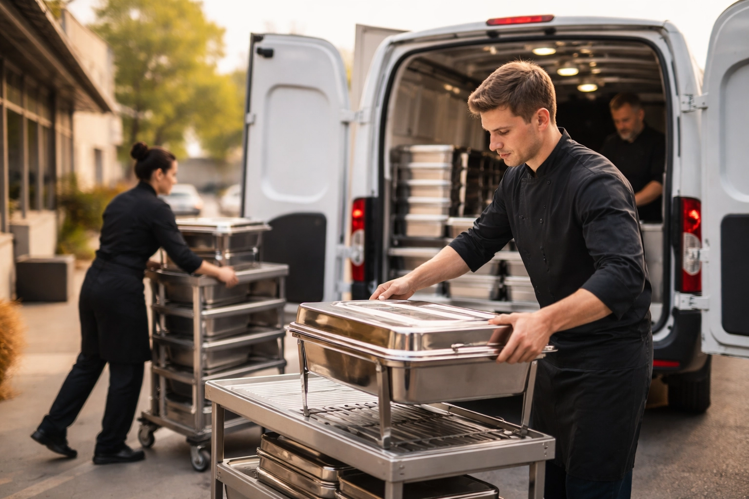 Catering team loading food and equipment into a van for offsite event insurance coverage