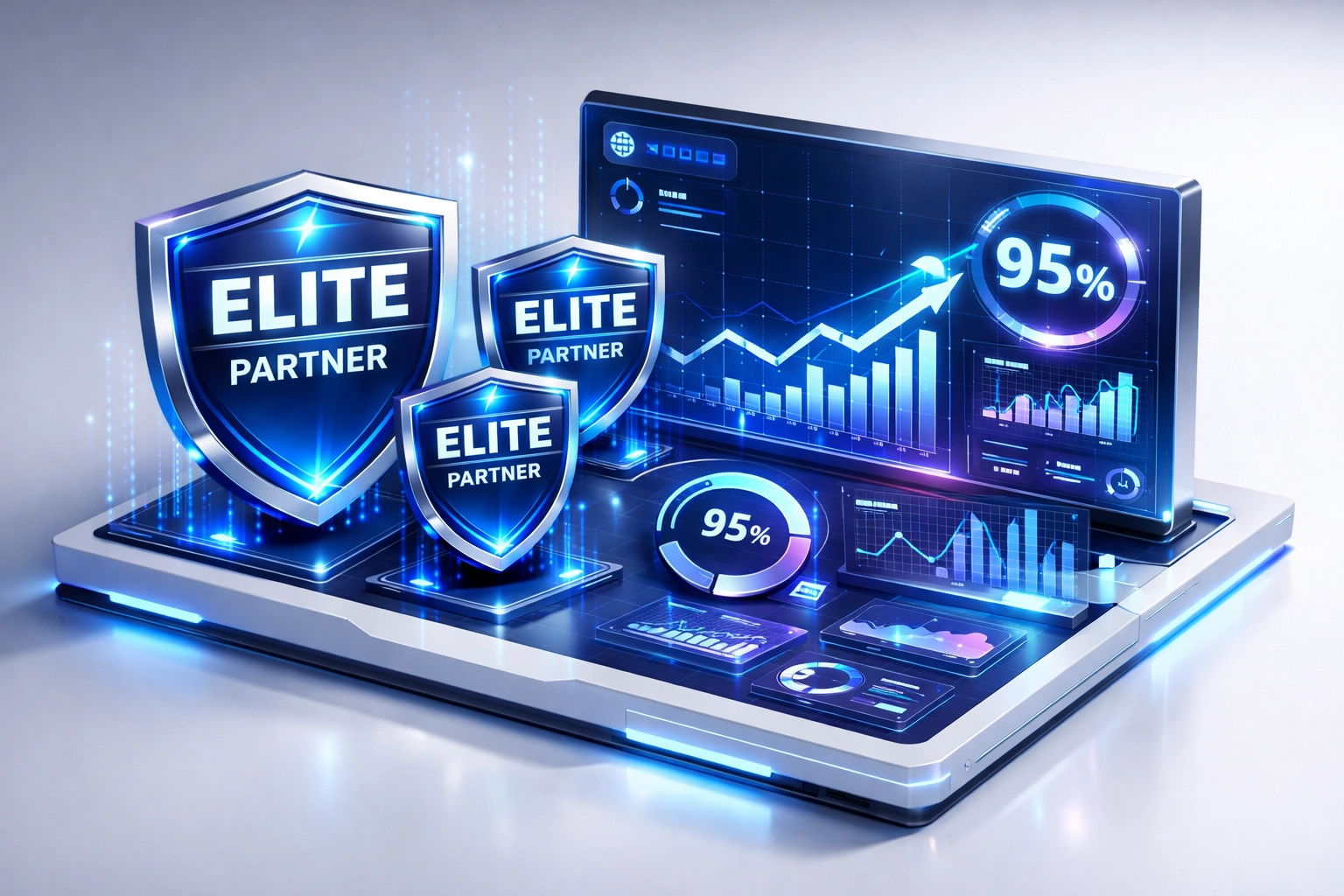 ServiceNow Elite Partner certification dashboard showing 95% platform health scores and quality metrics